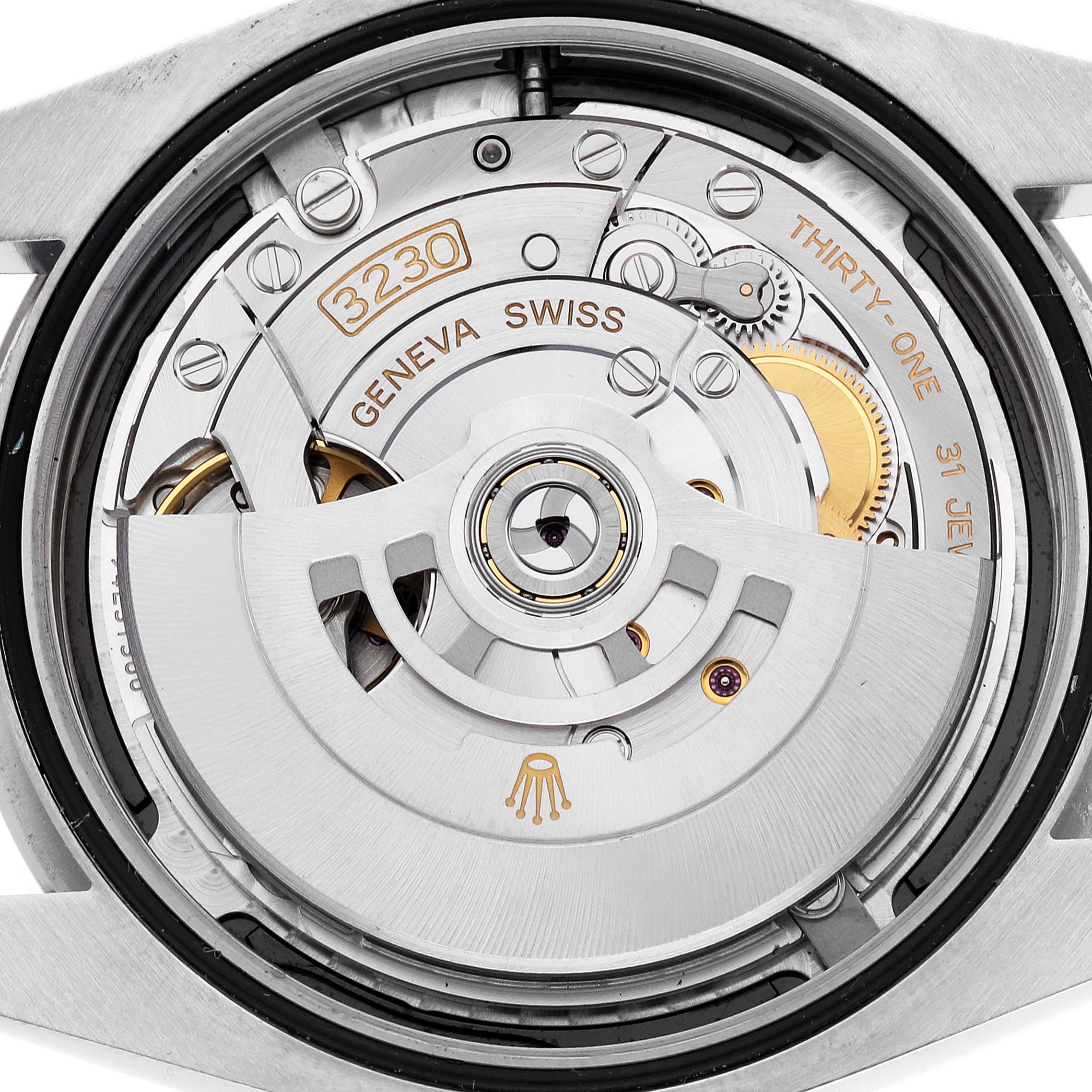 This image shows the intricate movement and internal mechanics of a Rolex Oyster Perpetual 124300 Men
s Stainless Steel Black Dial 124300 Men
s Stainless Steel Black Dial watch from a close-up angle.