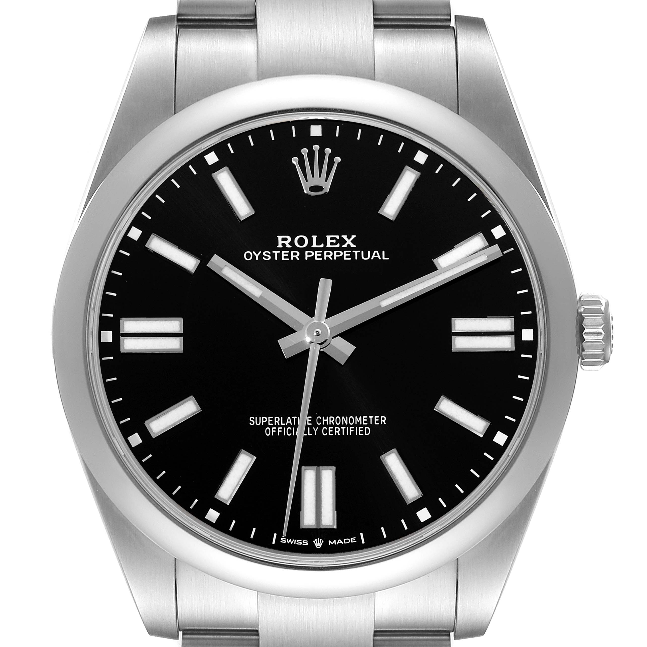 This image shows a front view of a Rolex Oyster Perpetual 124300 Men
s Stainless Steel Black Dial 124300 Men
s Stainless Steel Black Dial watch, highlighting its dial, hands, and bracelet.