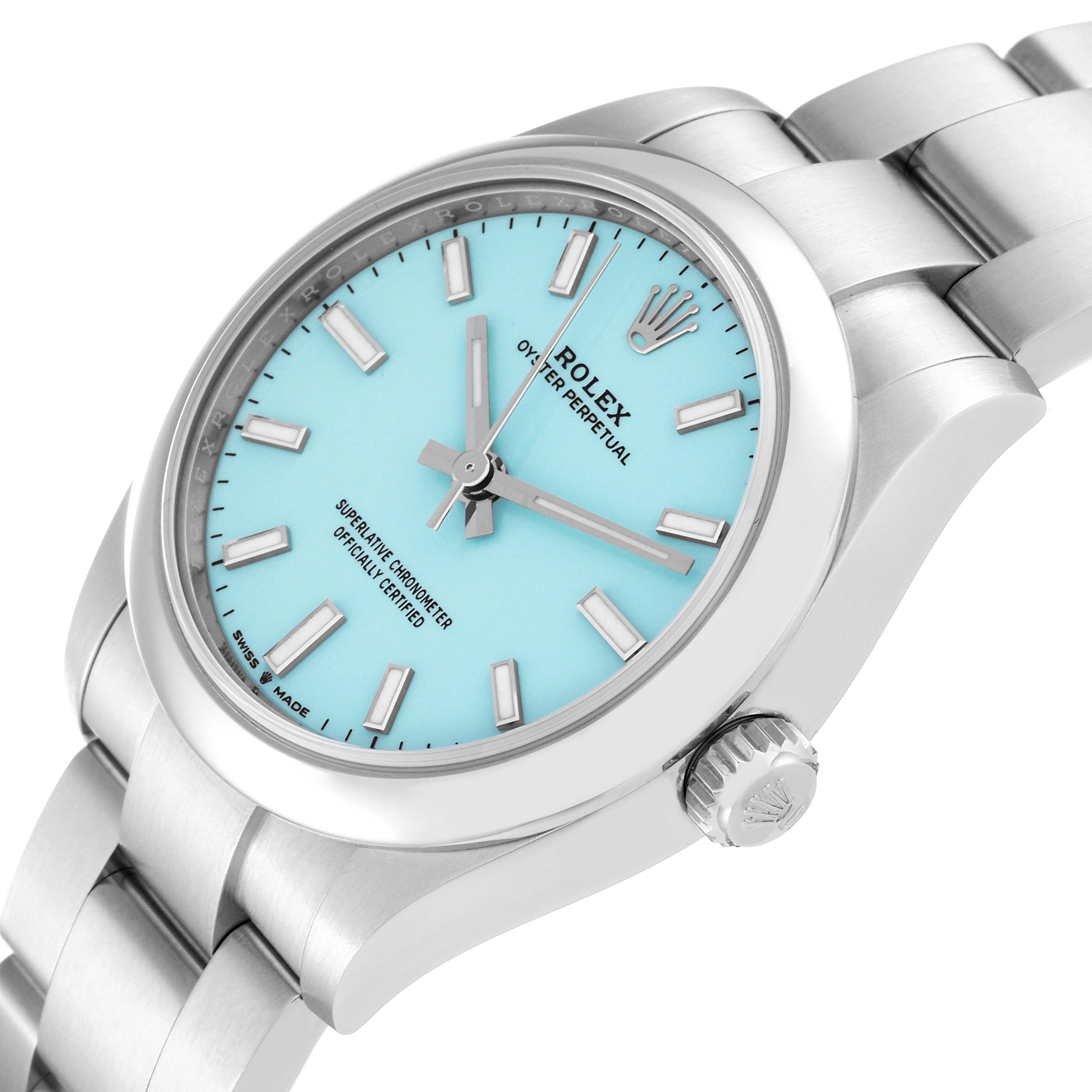 This image shows a Rolex Mid-Size 277200 Women's Stainless Steel Blue Dial 277200 Women's Stainless Steel Blue Dial model watch from an angled view, highlighting its face, dial, and bracelet.