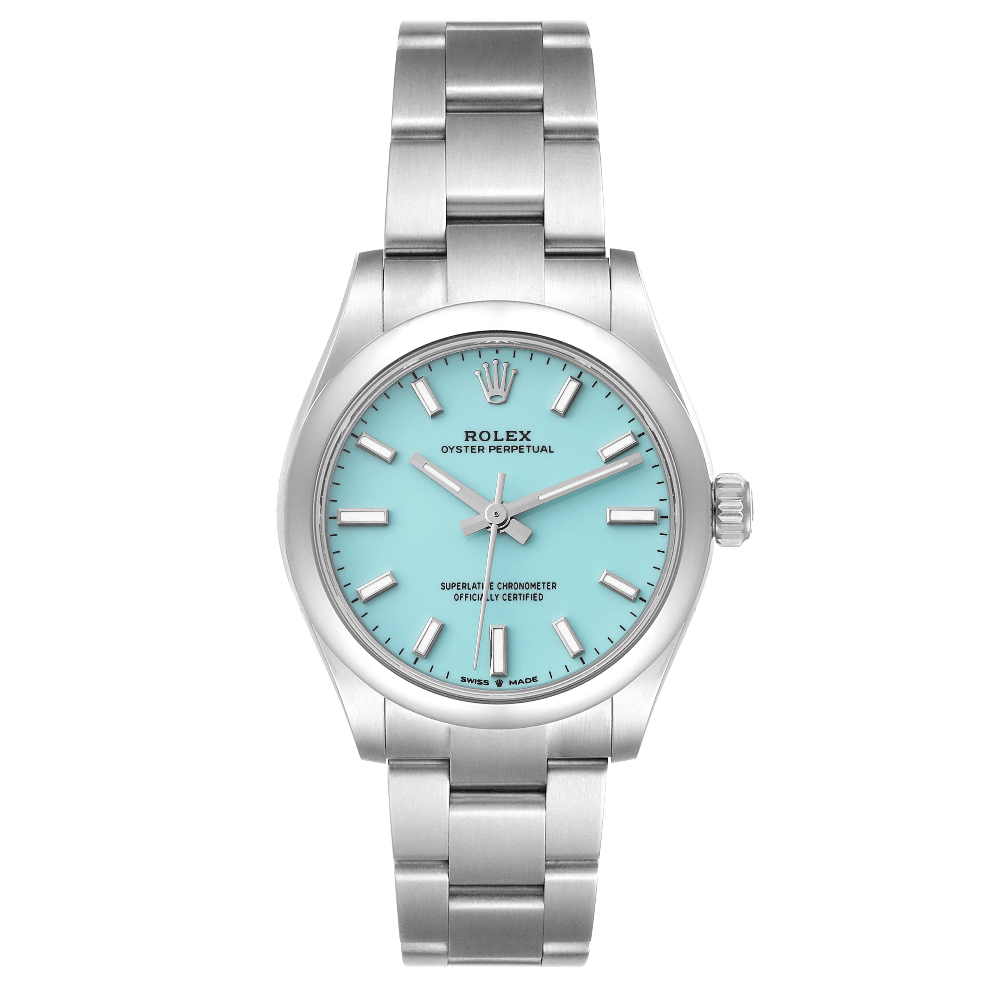 The image shows a front view of a Rolex Mid-Size 277200 Women's Stainless Steel Blue Dial 277200 Women's Stainless Steel Blue Dial Oyster Perpetual watch with a stainless steel bracelet and turquoise dial.