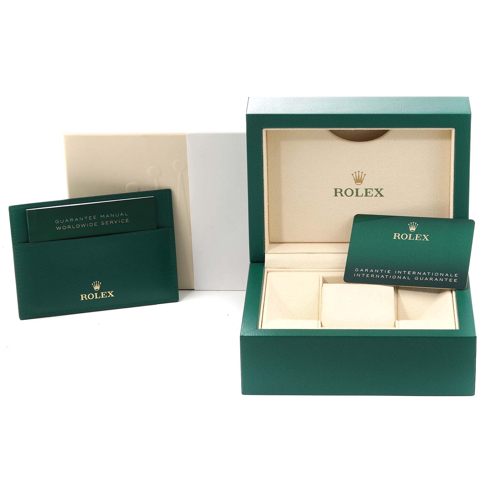 The image shows the packaging, warranty, and service manuals for a Rolex Mid-Size 277200 Women's Stainless Steel Blue Dial 277200 Women's Stainless Steel Blue Dial model.