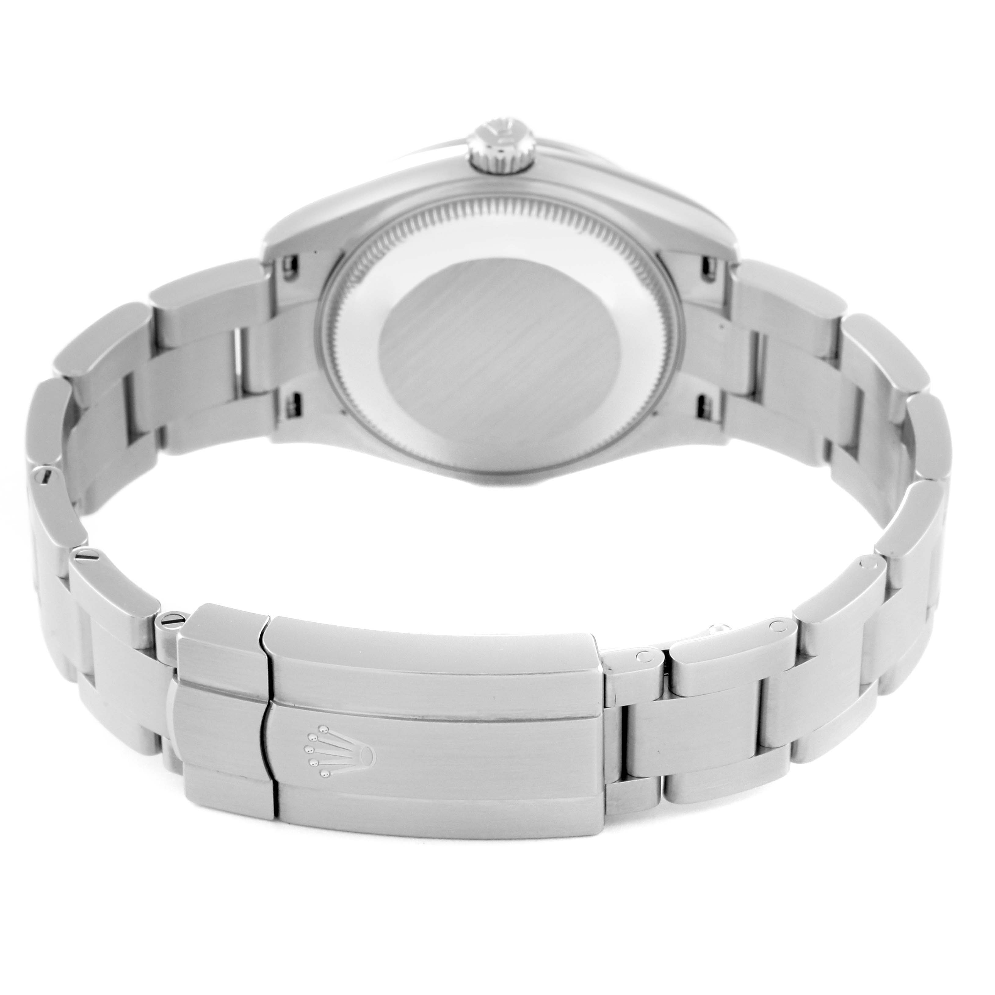 The image shows the back view, case back, and clasp of a Mid-Size Rolex watch.