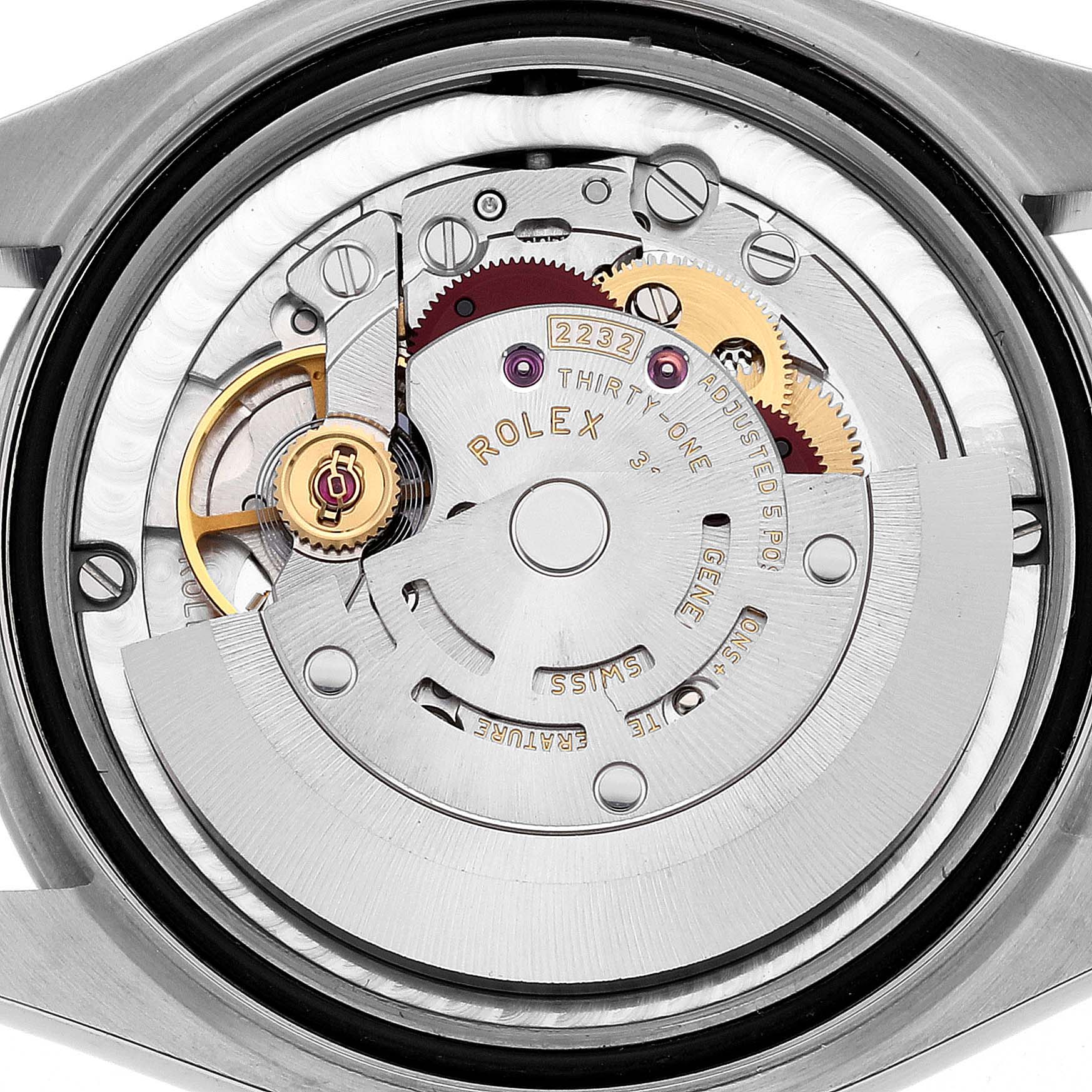 This image shows the movement of a Mid-Size Rolex watch from a rear angle.