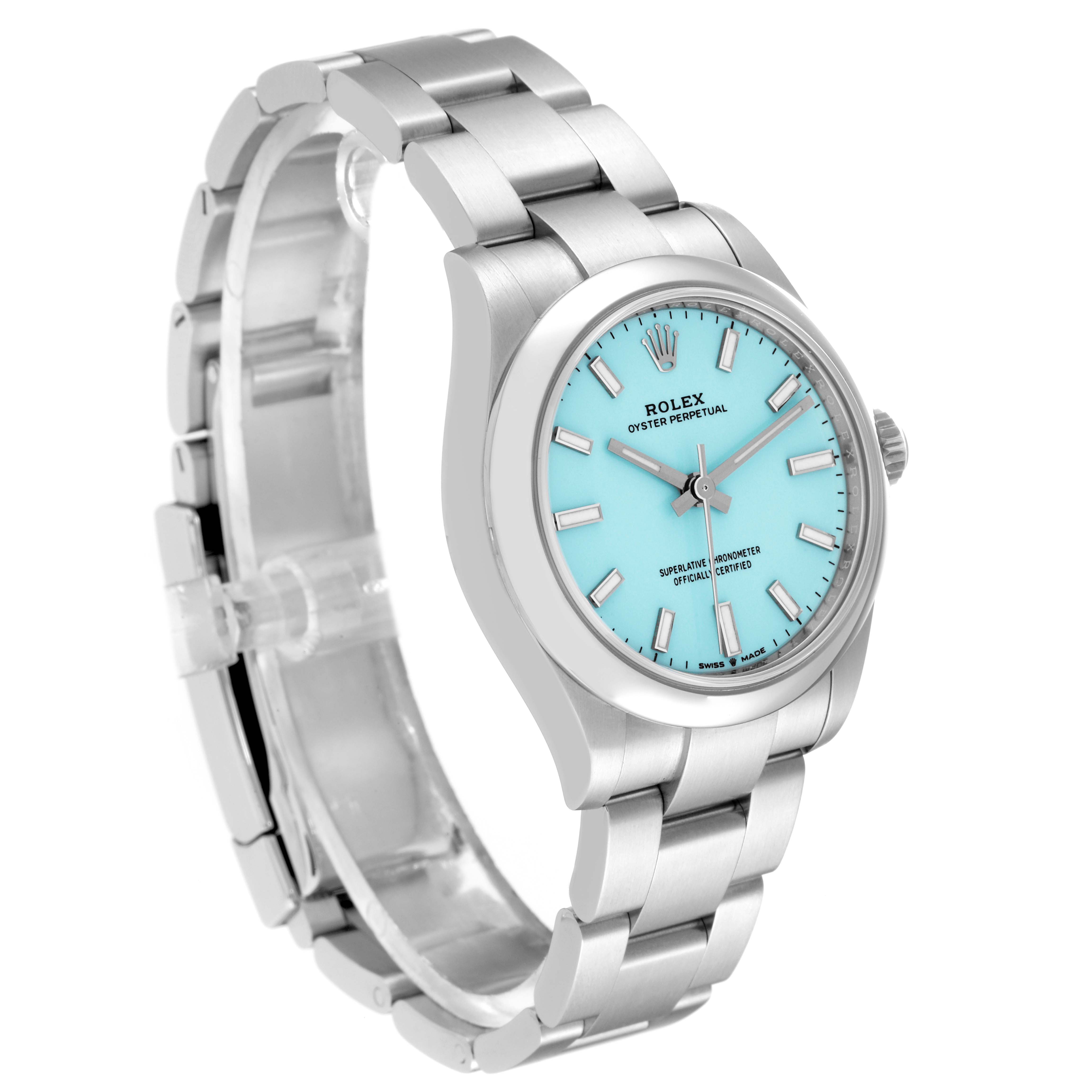 The image shows a Rolex Mid-Size 277200 Women's Stainless Steel Blue Dial 277200 Women's Stainless Steel Blue Dial Oyster Perpetual watch from a 3/4 angle, highlighting its face, bezel, and bracelet.