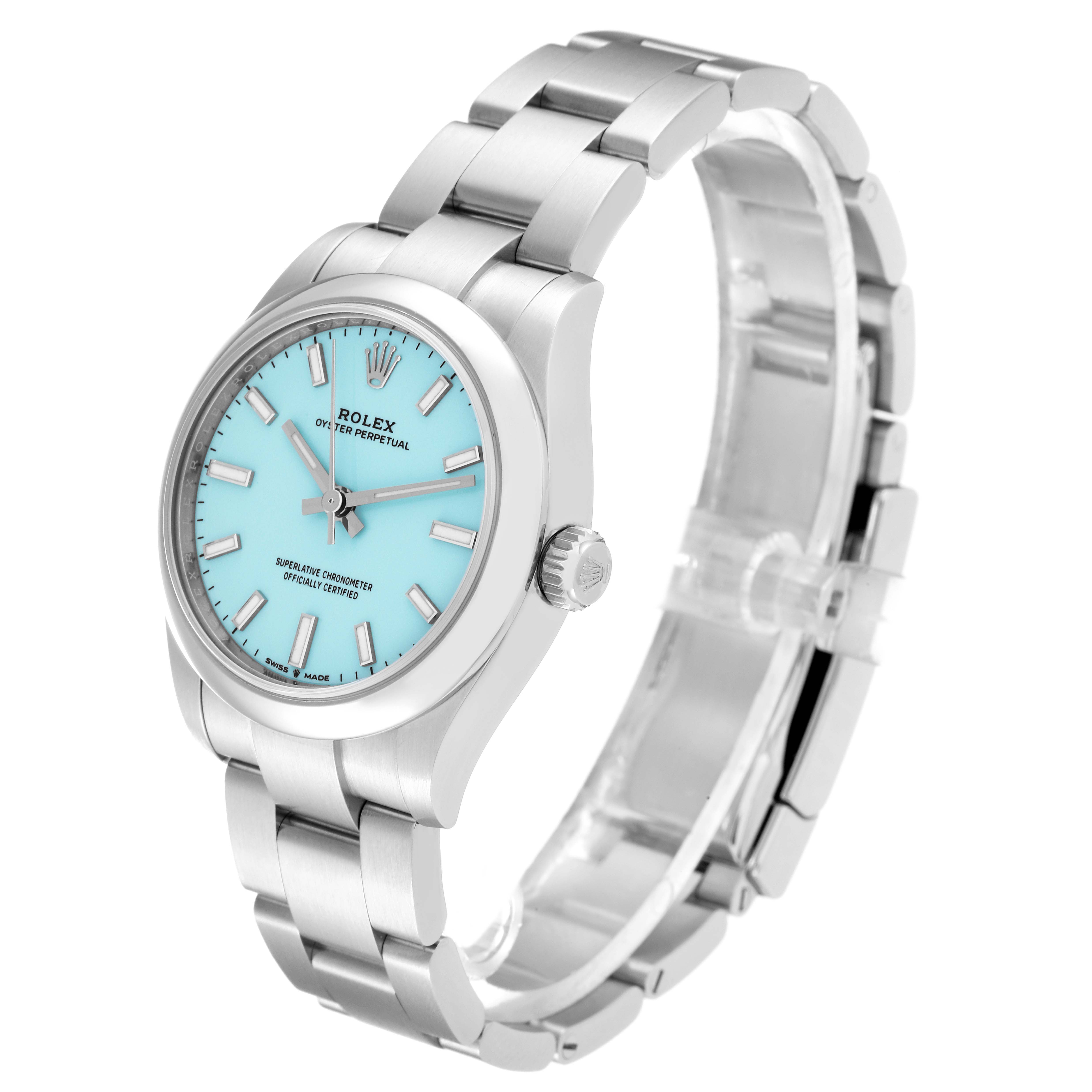 This image shows a Rolex Mid-Size 277200 Women's Stainless Steel Blue Dial 277200 Women's Stainless Steel Blue Dial Oyster Perpetual watch from a front-side angle, highlighting its turquoise dial and stainless steel bracelet.