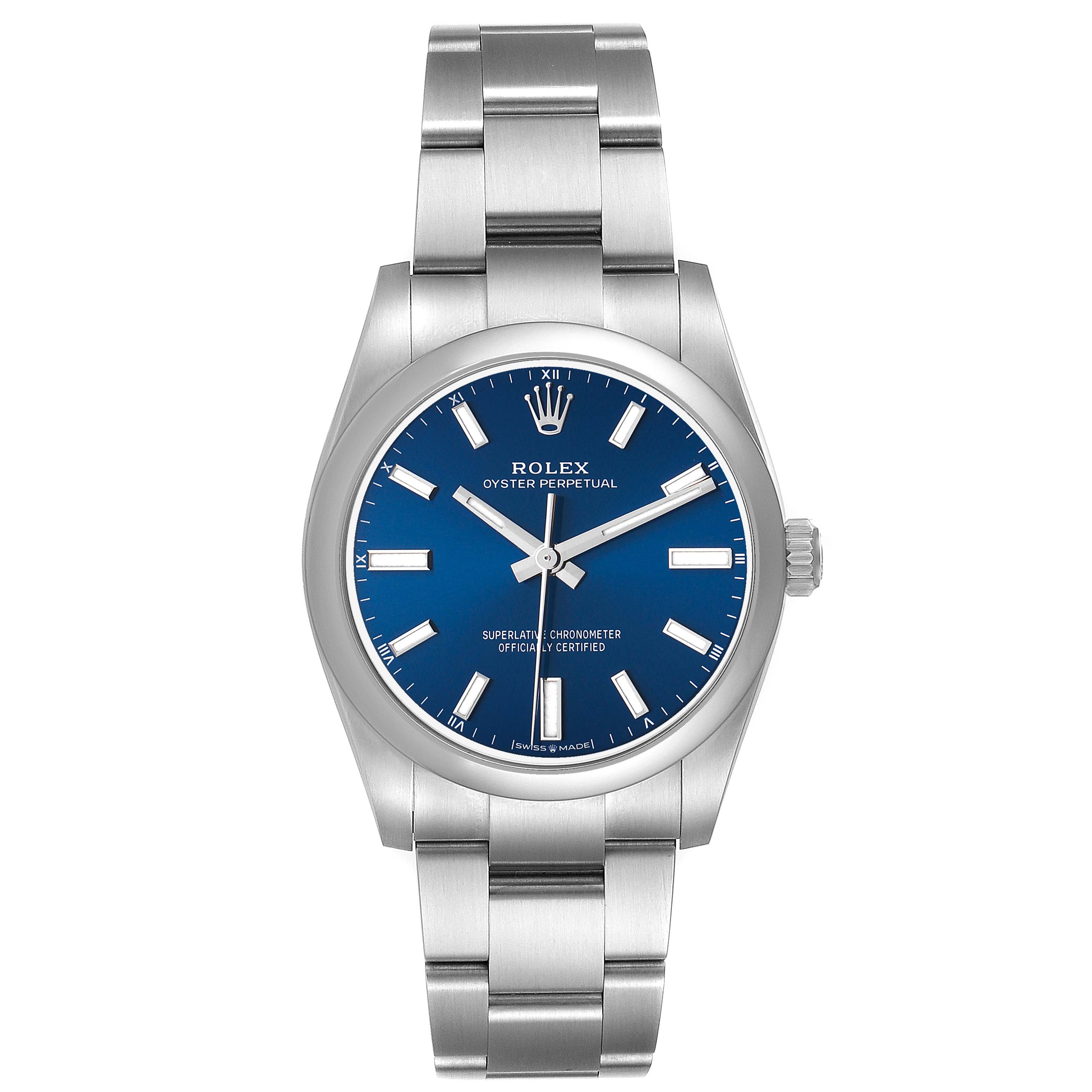 The Rolex Oyster Perpetual 124200 Men's Stainless Steel Blue Dial watch is shown from a top-down angle, displaying the dial, bezel, and bracelet.