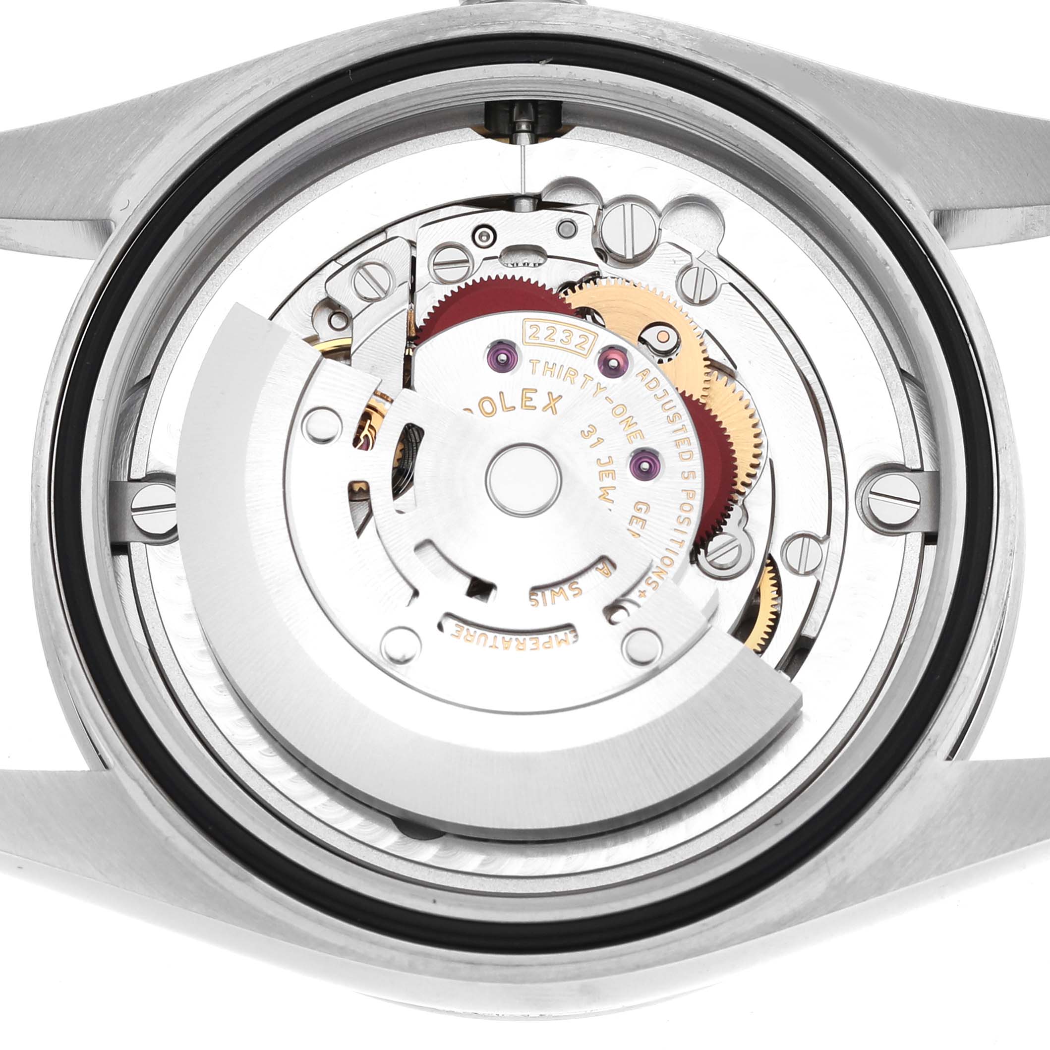 The image shows the internal mechanism of a Rolex Oyster Perpetual 124200 Men's Stainless Steel Blue Dial watch from a rear angle.