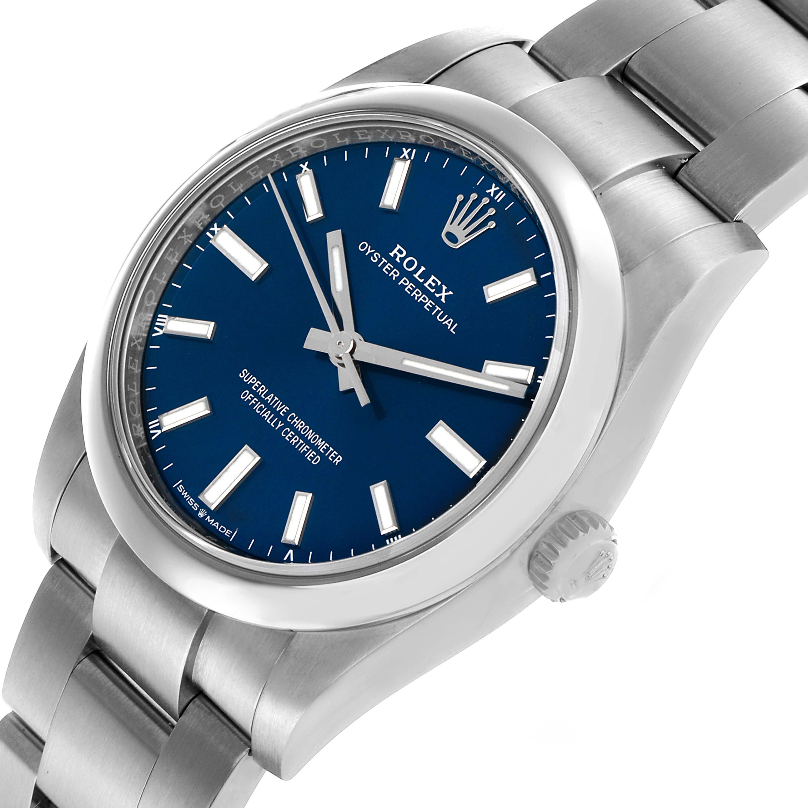 The Rolex Oyster Perpetual 124200 Men's Stainless Steel Blue Dial watch is shown at a slight angle, highlighting the blue dial, bezel, bracelet, and crown.