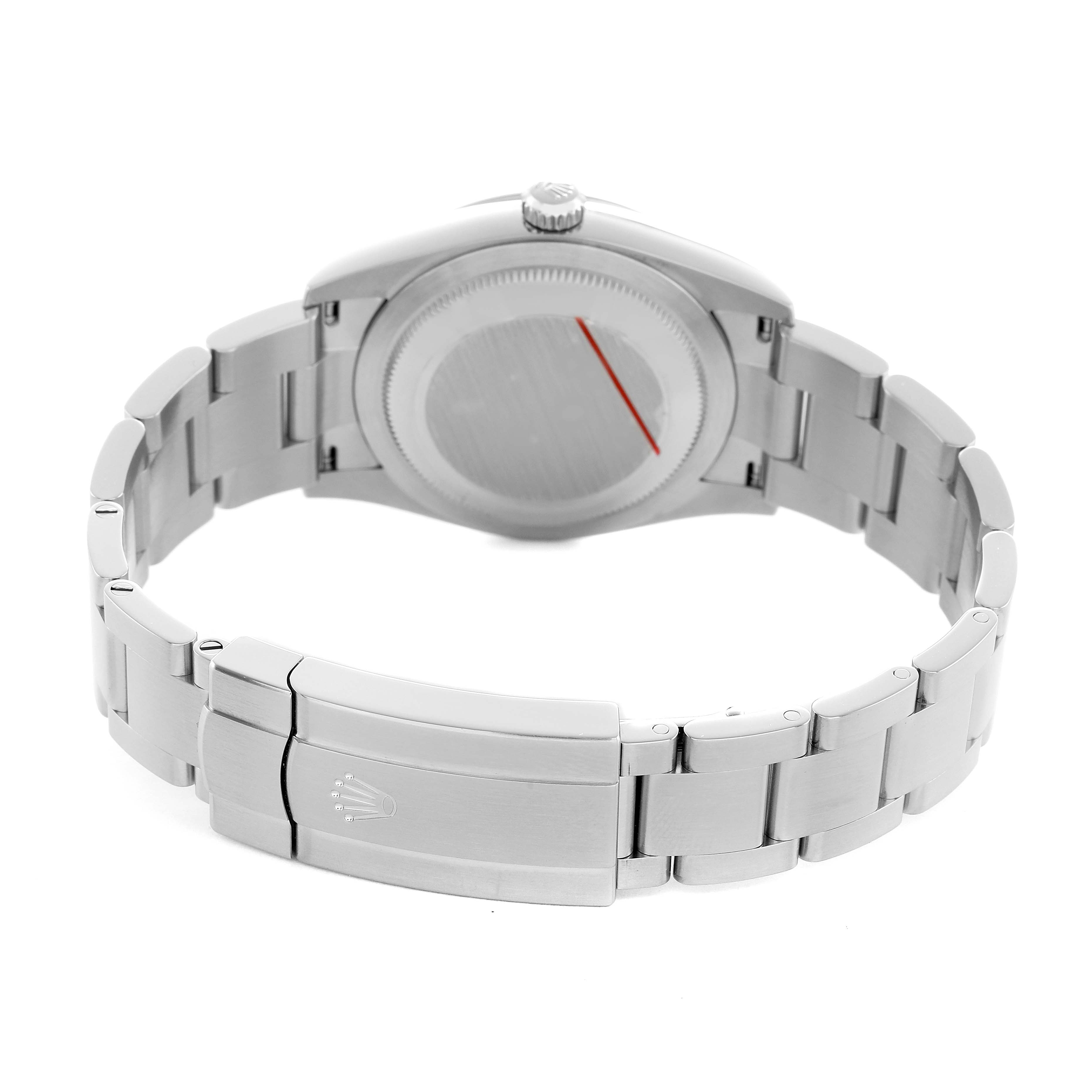 The image shows the back and bracelet clasp of a Rolex Oyster Perpetual 124200 Men's Stainless Steel Blue Dial watch, angled from the rear.