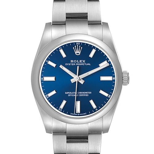 The Rolex Oyster Perpetual 124200 Men's Stainless Steel Blue Dial watch is shown from a frontal angle, displaying the face, bezel, and part of the bracelet.