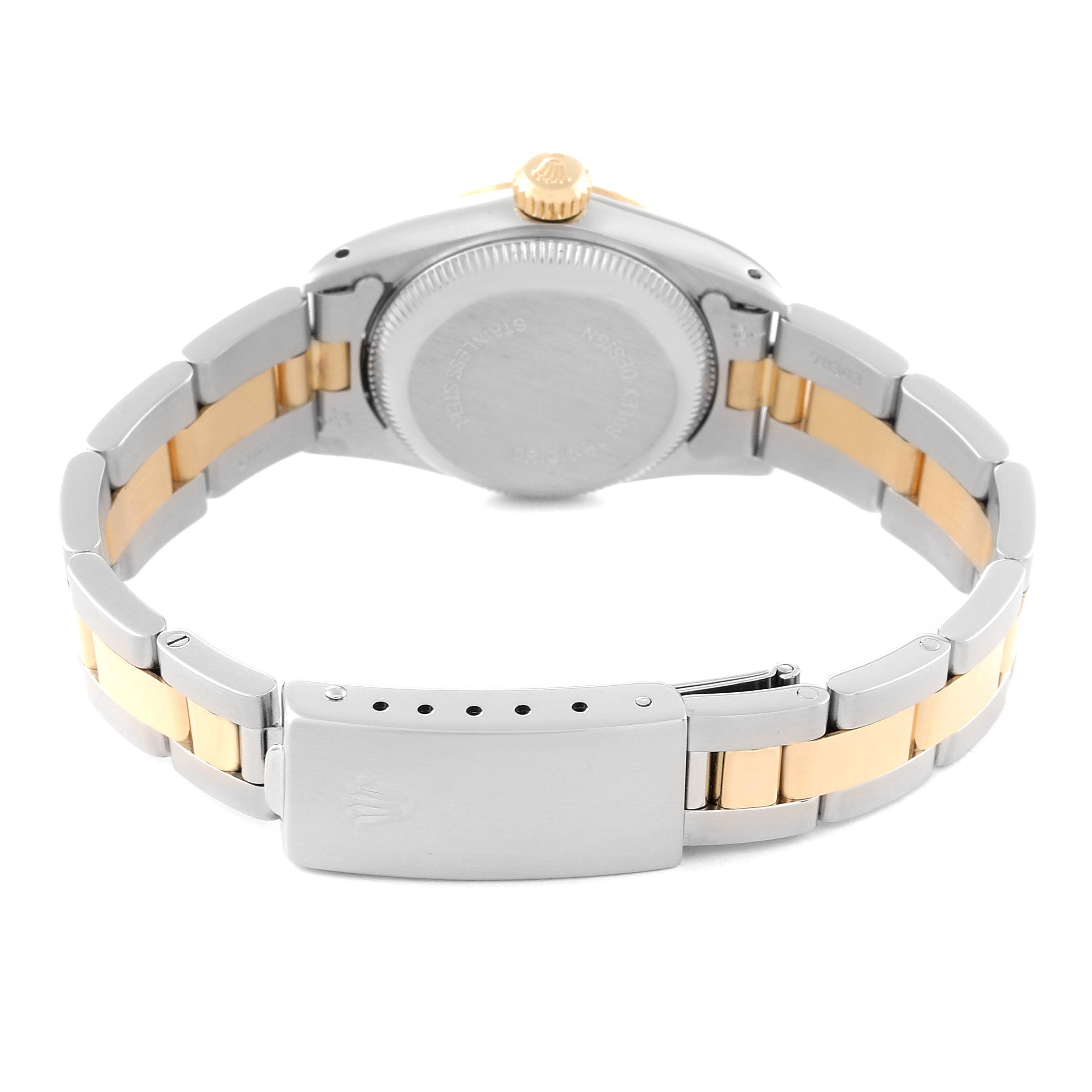 The image shows the back view of a Rolex Oyster Perpetual 67193 Women's Steel and Gold (two tone) Silver Dial 67193 Women's Steel and Gold (two tone) Silver Dial watch, highlighting the clasp and bracelet.