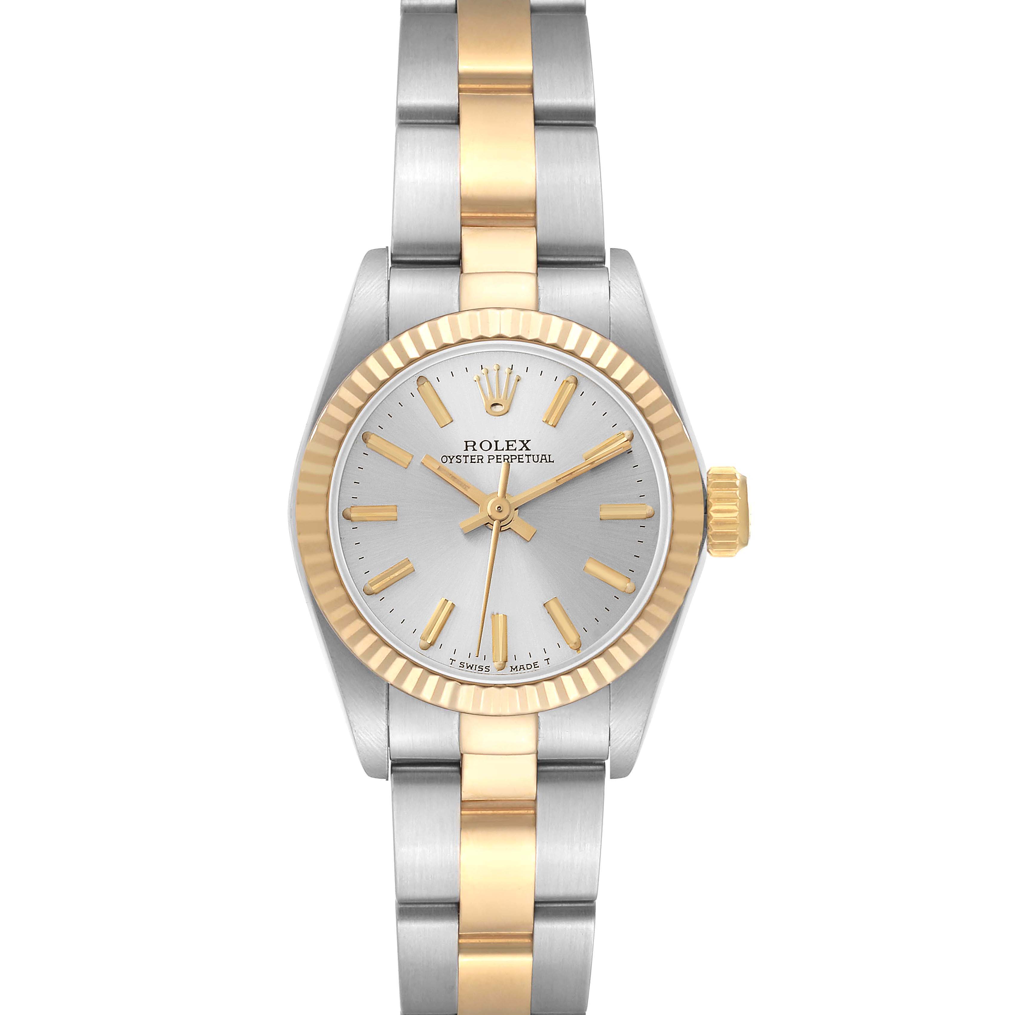 The Rolex Oyster Perpetual 67193 Women's Steel and Gold (two tone) Silver Dial 67193 Women's Steel and Gold (two tone) Silver Dial watch is shown from a top-down angle displaying the face, bezel, and part of the bracelet.