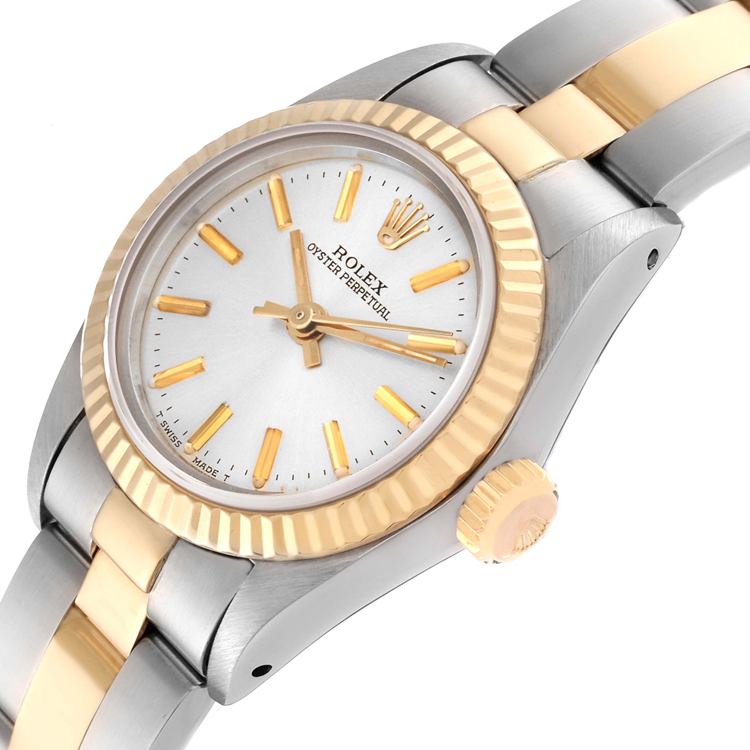 The Rolex Oyster Perpetual 67193 Women's Steel and Gold (two tone) Silver Dial 67193 Women's Steel and Gold (two tone) Silver Dial watch is shown at a tilted angle, displaying the dial, crown, bezel, and part of the bracelet.