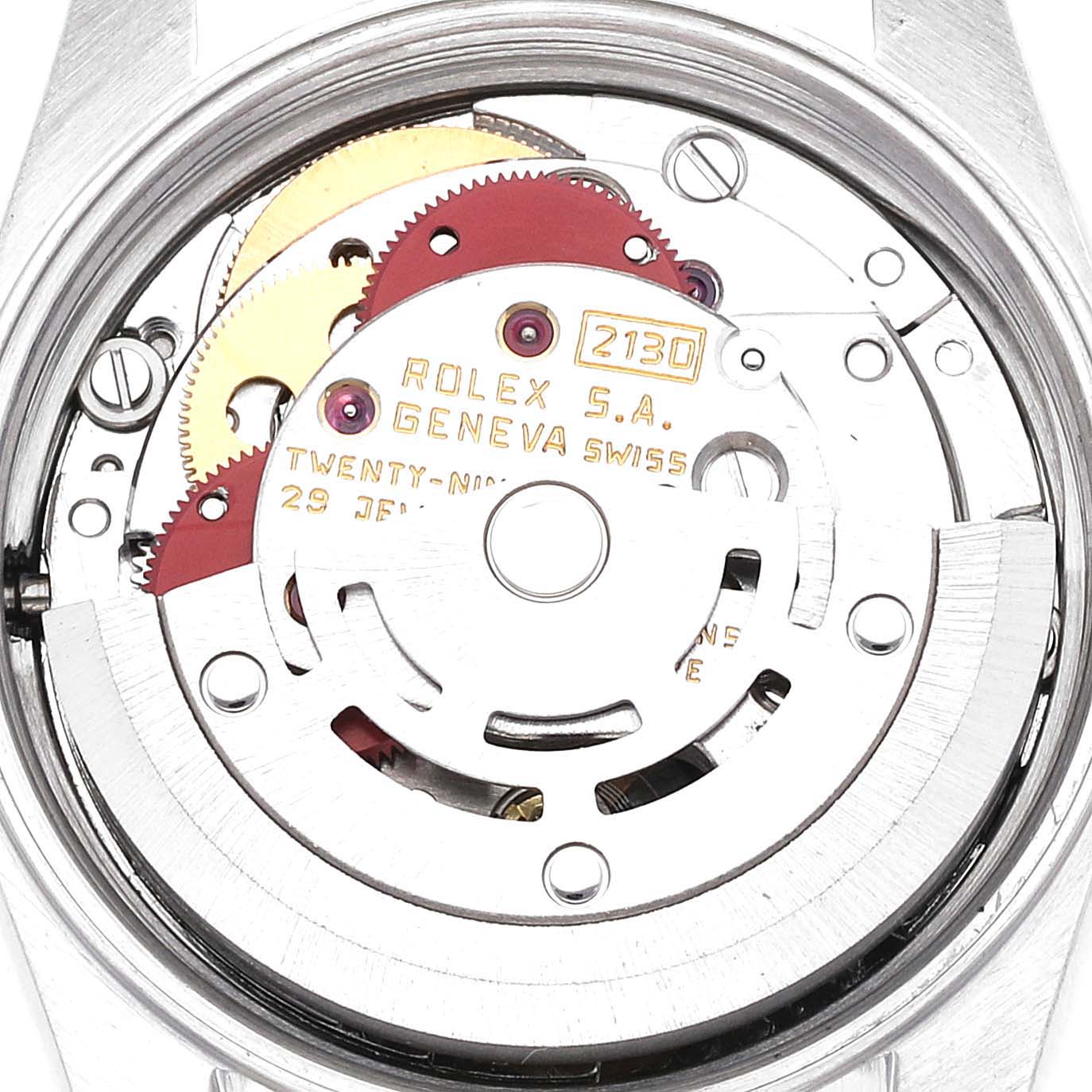 This image shows the internal mechanism of a Rolex Oyster Perpetual 67193 Women's Steel and Gold (two tone) Silver Dial 67193 Women's Steel and Gold (two tone) Silver Dial watch, highlighting its intricate gears and movements.