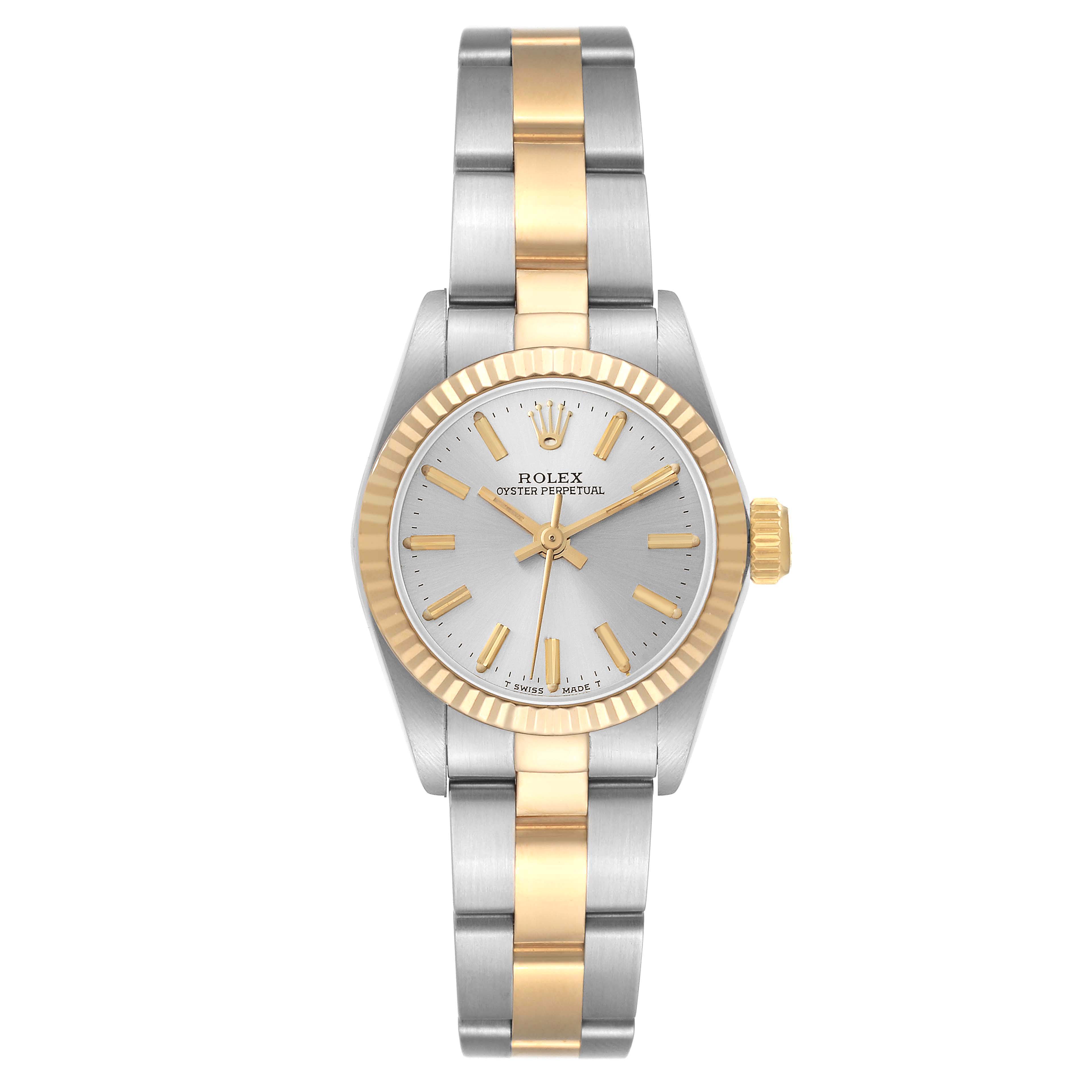 This Rolex Oyster Perpetual 67193 Women's Steel and Gold (two tone) Silver Dial 67193 Women's Steel and Gold (two tone) Silver Dial watch is shown from the front, highlighting its bicolor bracelet, gold accents, and dial.