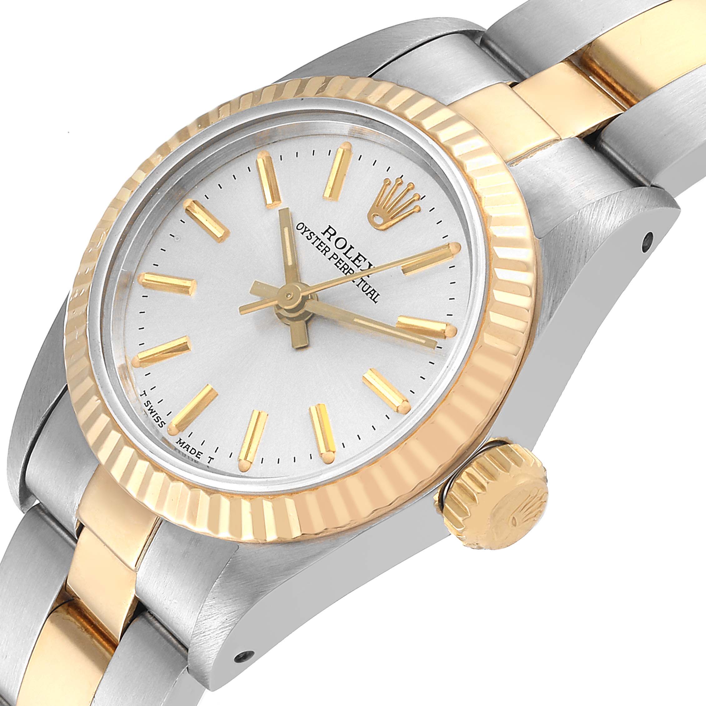 The Rolex Oyster Perpetual 67193 Women's Steel and Gold (two tone) Silver Dial 67193 Women's Steel and Gold (two tone) Silver Dial watch is shown from a close-up diagonal angle, highlighting the dial, bezel, crown, and part of the bracelet.