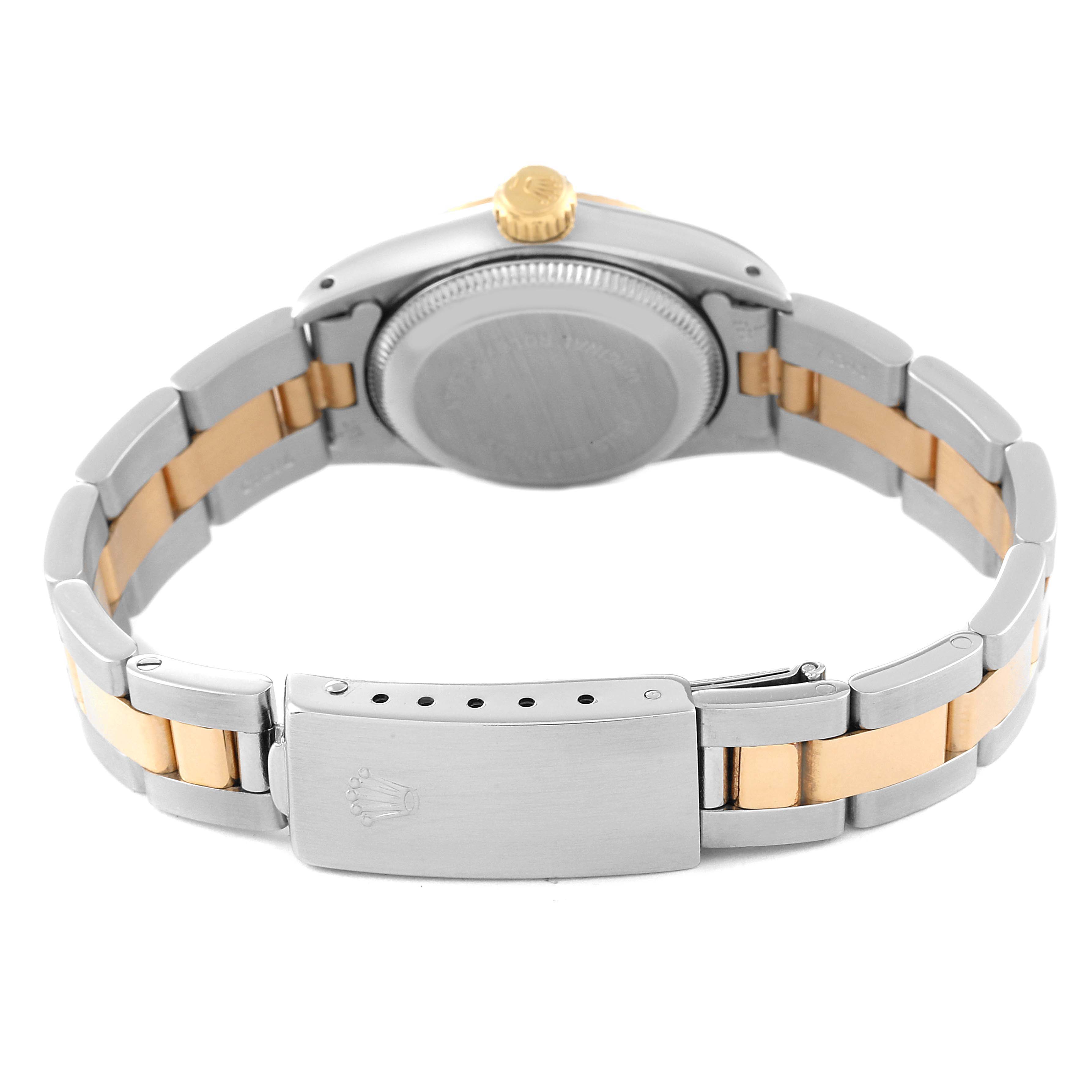 This image shows the back view of a Rolex Oyster Perpetual 67193 Women's Steel and Gold (two tone) Silver Dial 67193 Women's Steel and Gold (two tone) Silver Dial watch, highlighting the clasp, bracelet, and case back.
