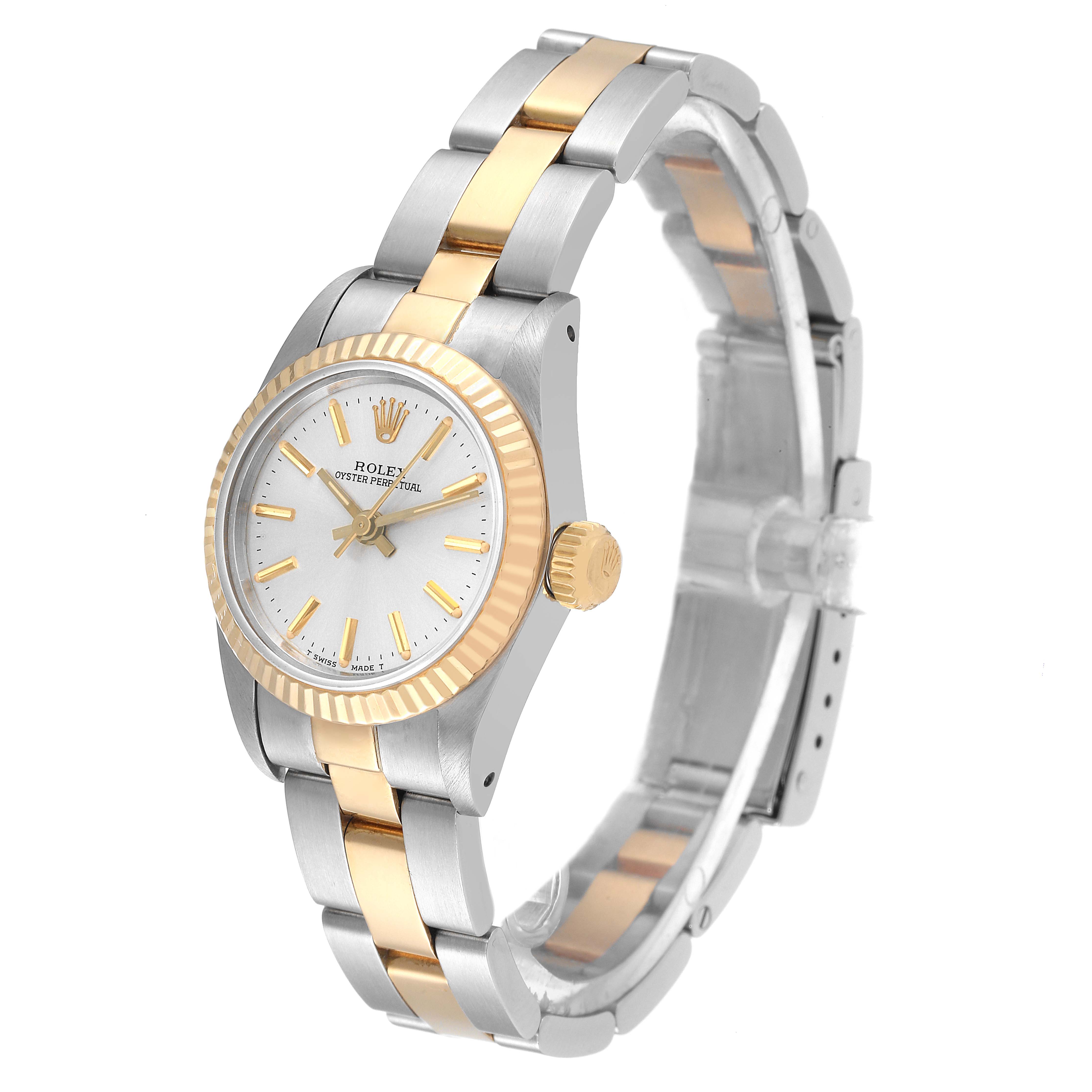 The photo shows a side-angle view of the Rolex Oyster Perpetual 67193 Women's Steel and Gold (two tone) Silver Dial 67193 Women's Steel and Gold (two tone) Silver Dial watch, highlighting the bracelet, dial, crown, and bezel.