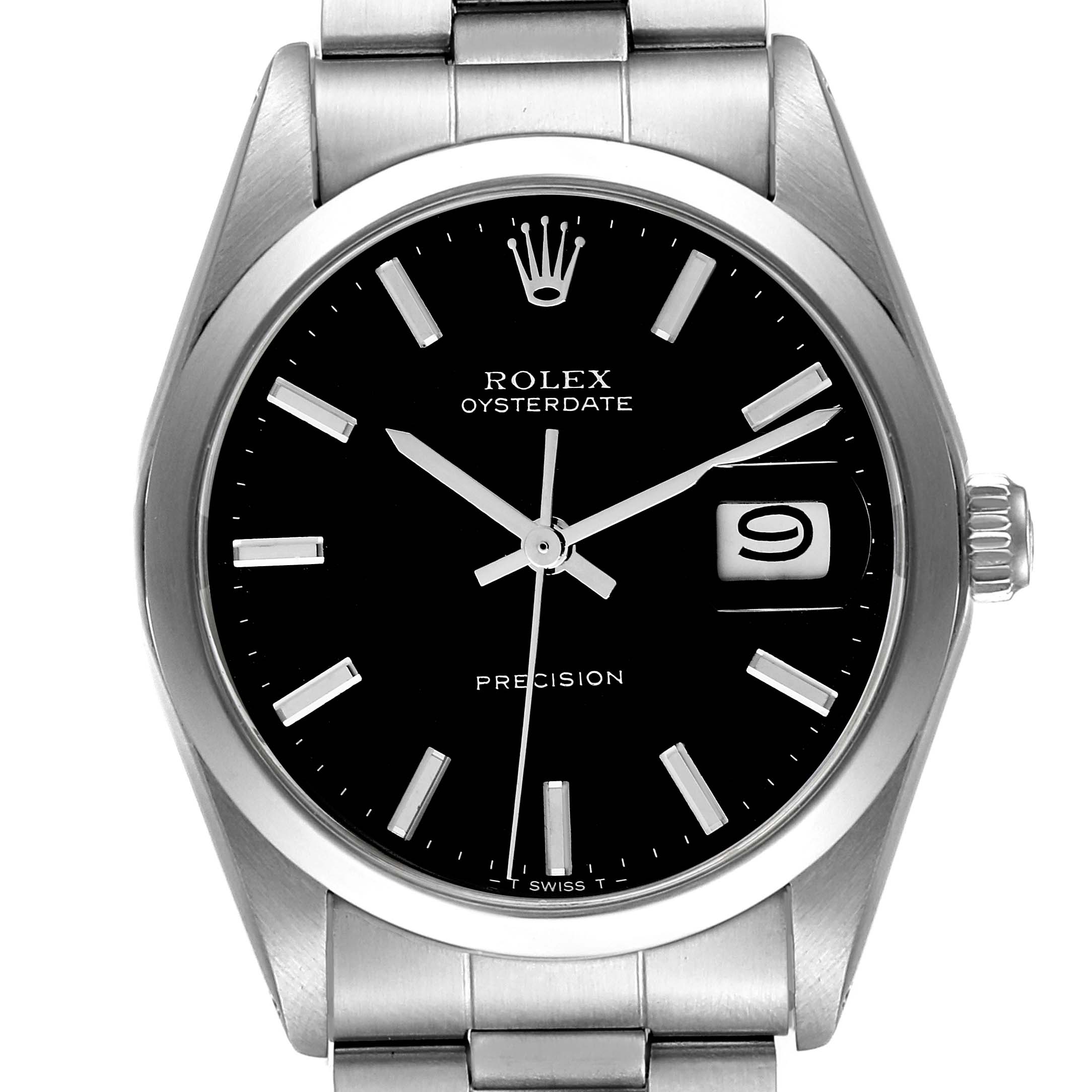 This image shows the front view of a Rolex Vintage Collection 6694 Men's Stainless Steel Black Dial 6694 Men's Stainless Steel Black Dial Oysterdate watch, featuring the dial, hands, and bracelet.