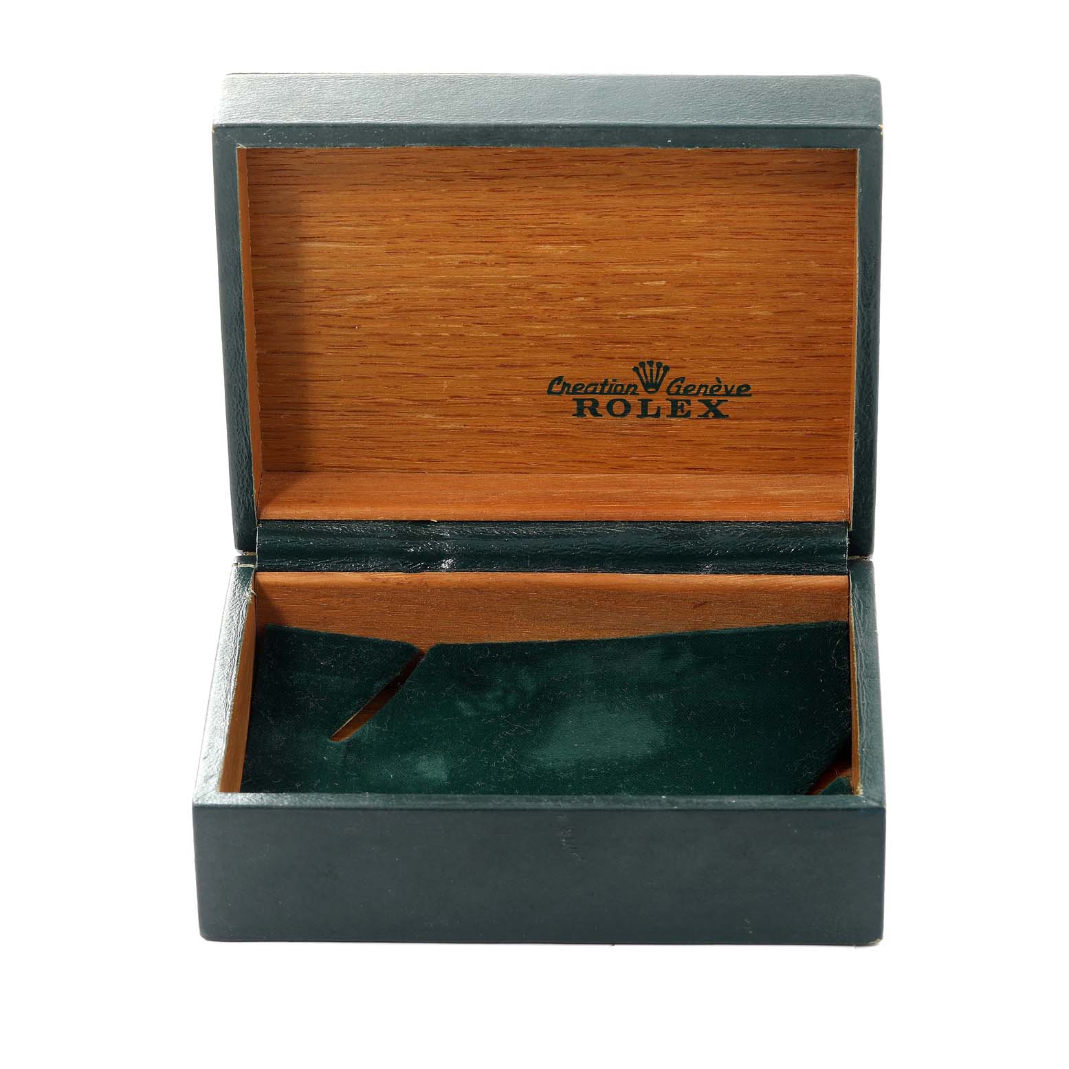 The image shows an open wooden box with green interior lining for a Rolex Vintage Collection 6694 Men's Stainless Steel Black Dial 6694 Men's Stainless Steel Black Dial watch.