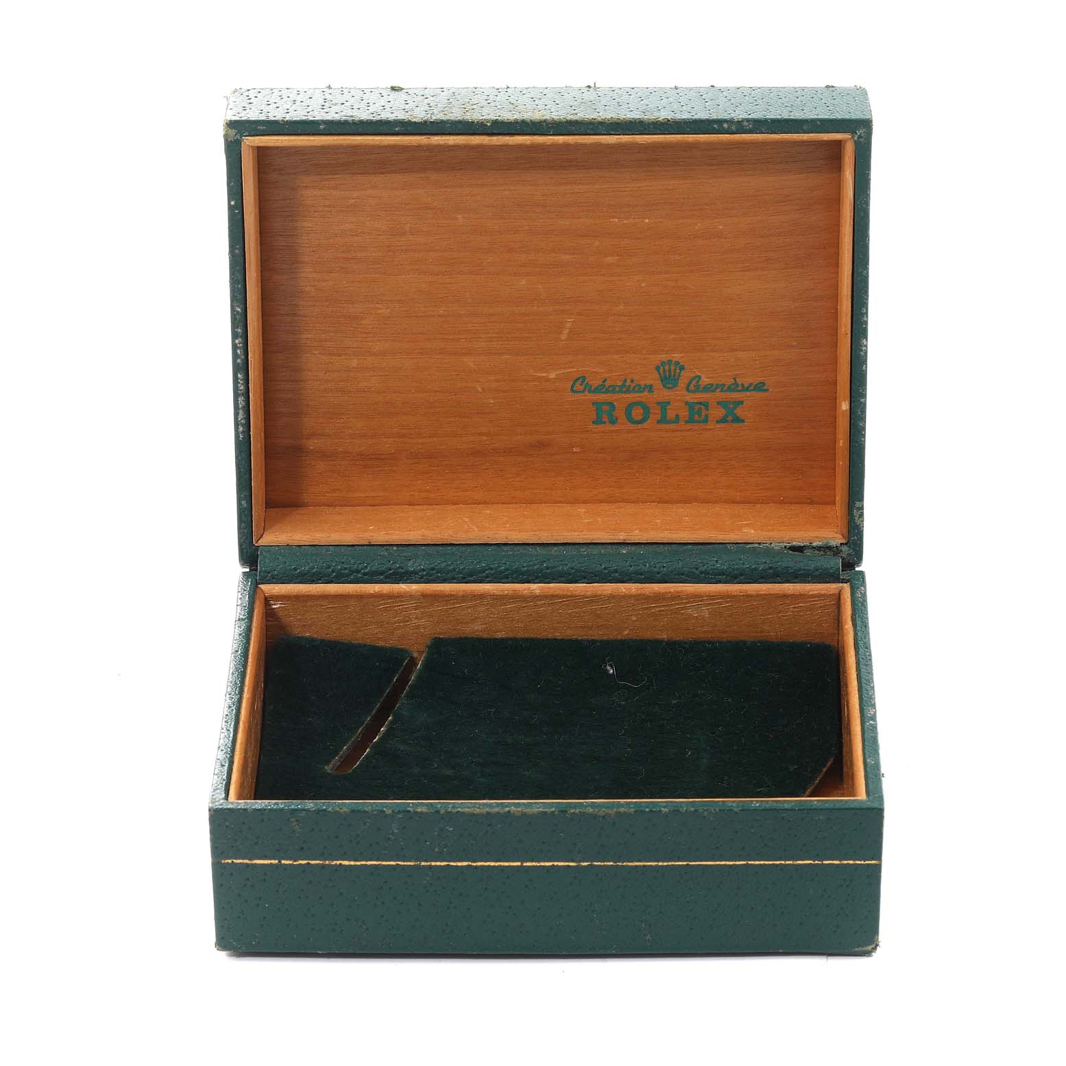 This image shows a green and wooden open box for the Vintage Collection model by Rolex.