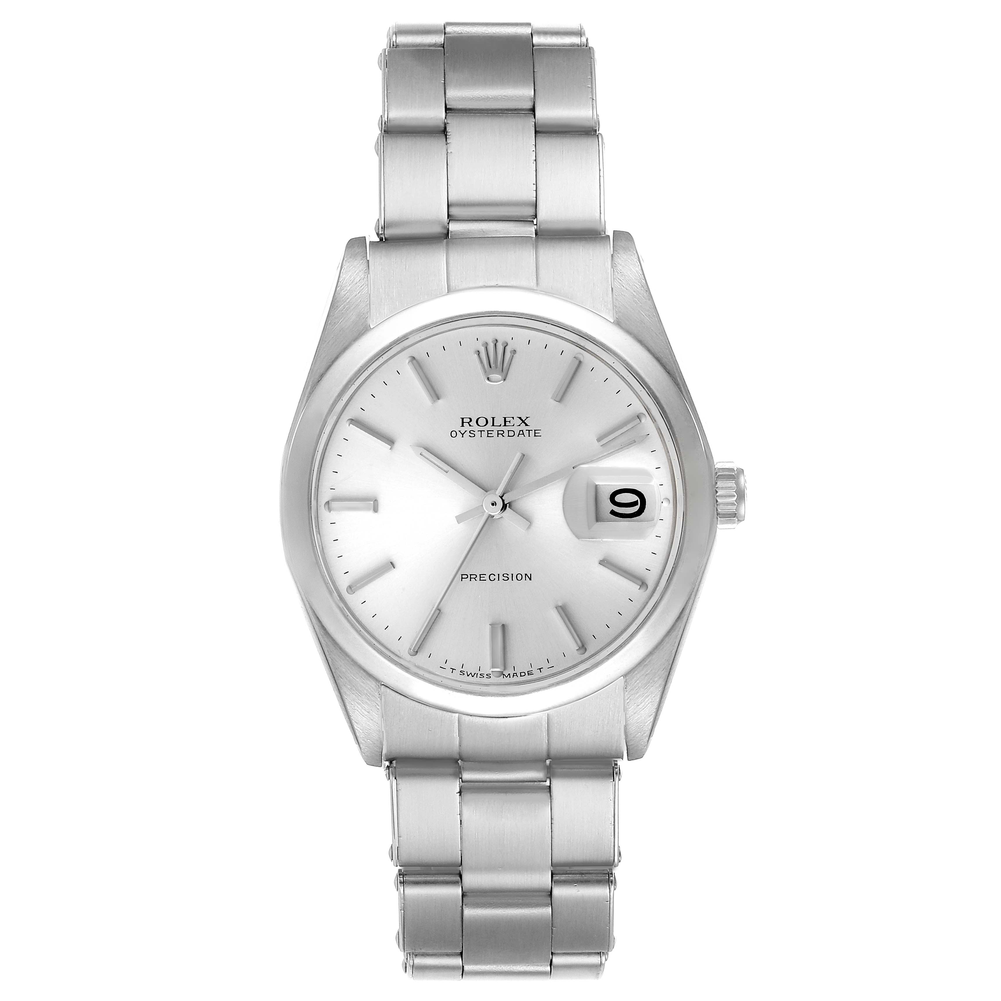 The image shows a front view of the Rolex Vintage Collection 6694 Men's Stainless Steel Silver Dial 6694 Men's Stainless Steel Silver Dial Oysterdate watch, highlighting its dial, case, and bracelet.
