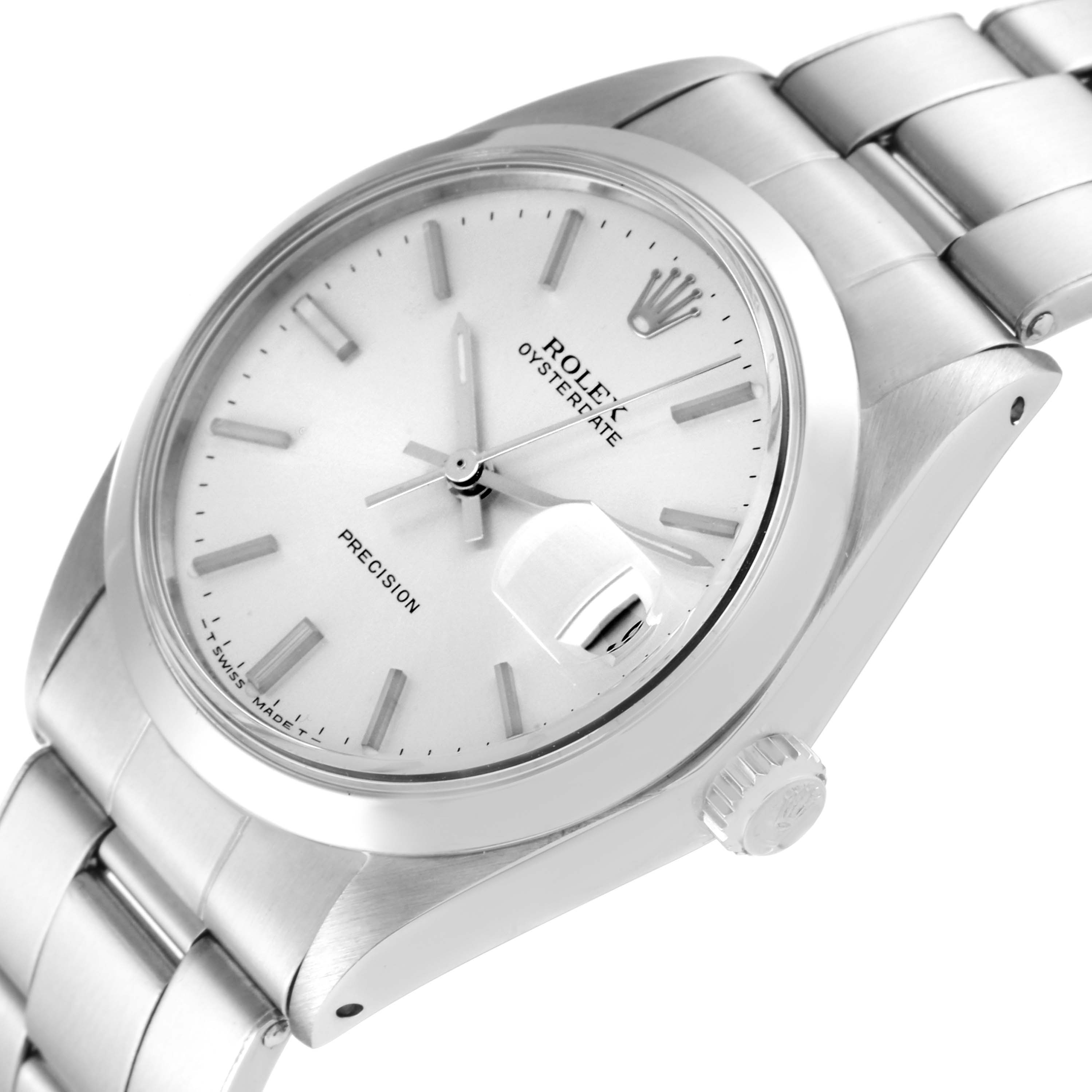 This image shows a close-up angle of the Rolex Vintage Collection 6694 Men's Stainless Steel Silver Dial 6694 Men's Stainless Steel Silver Dial watch, displaying its dial, crown, and part of the bracelet.