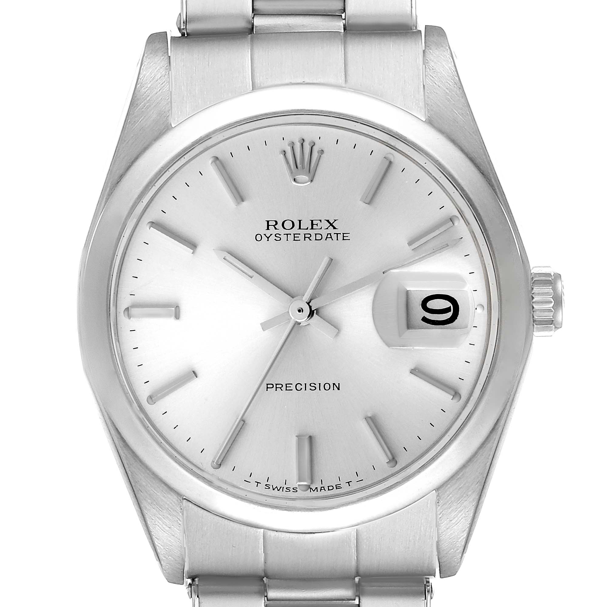 The image shows a front view of the dial and link bracelet of a Rolex Vintage Collection 6694 Men's Stainless Steel Silver Dial 6694 Men's Stainless Steel Silver Dial Oysterdate Precision watch.