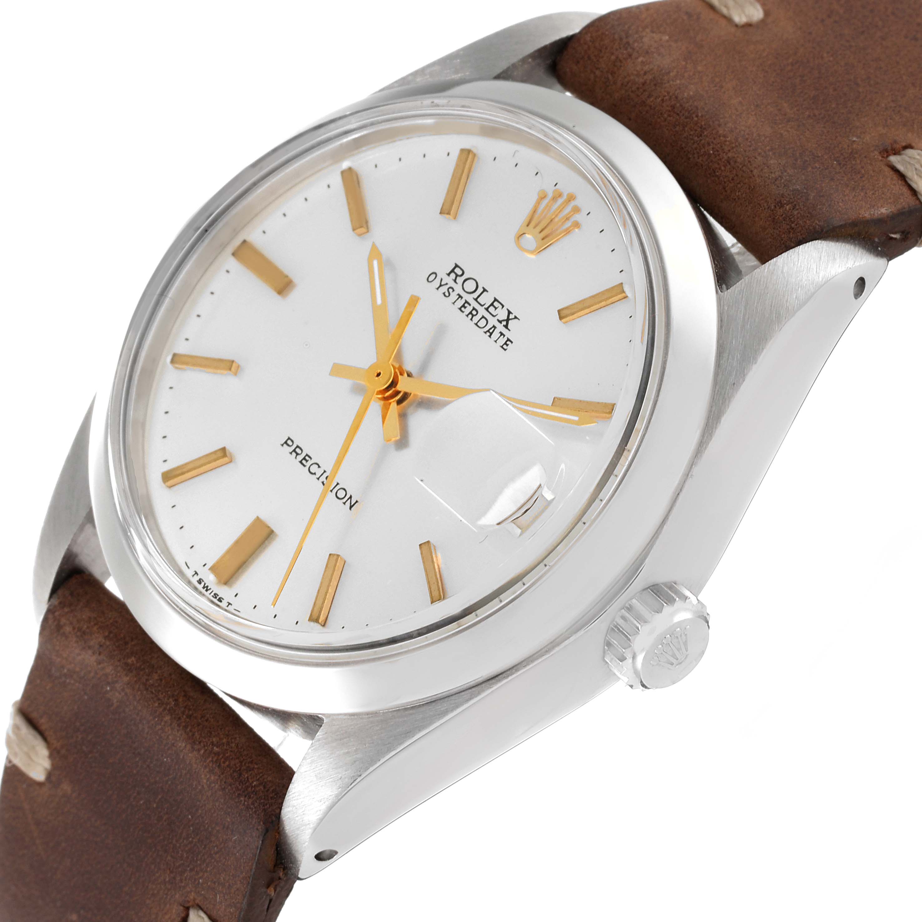 The Rolex Vintage Collection 6694 Men
s Stainless Steel Silver Dial 6694 Men
s Stainless Steel Silver Dial watch is shown at a slight angle, highlighting its white dial, gold markers, brown leather strap, and crown.
