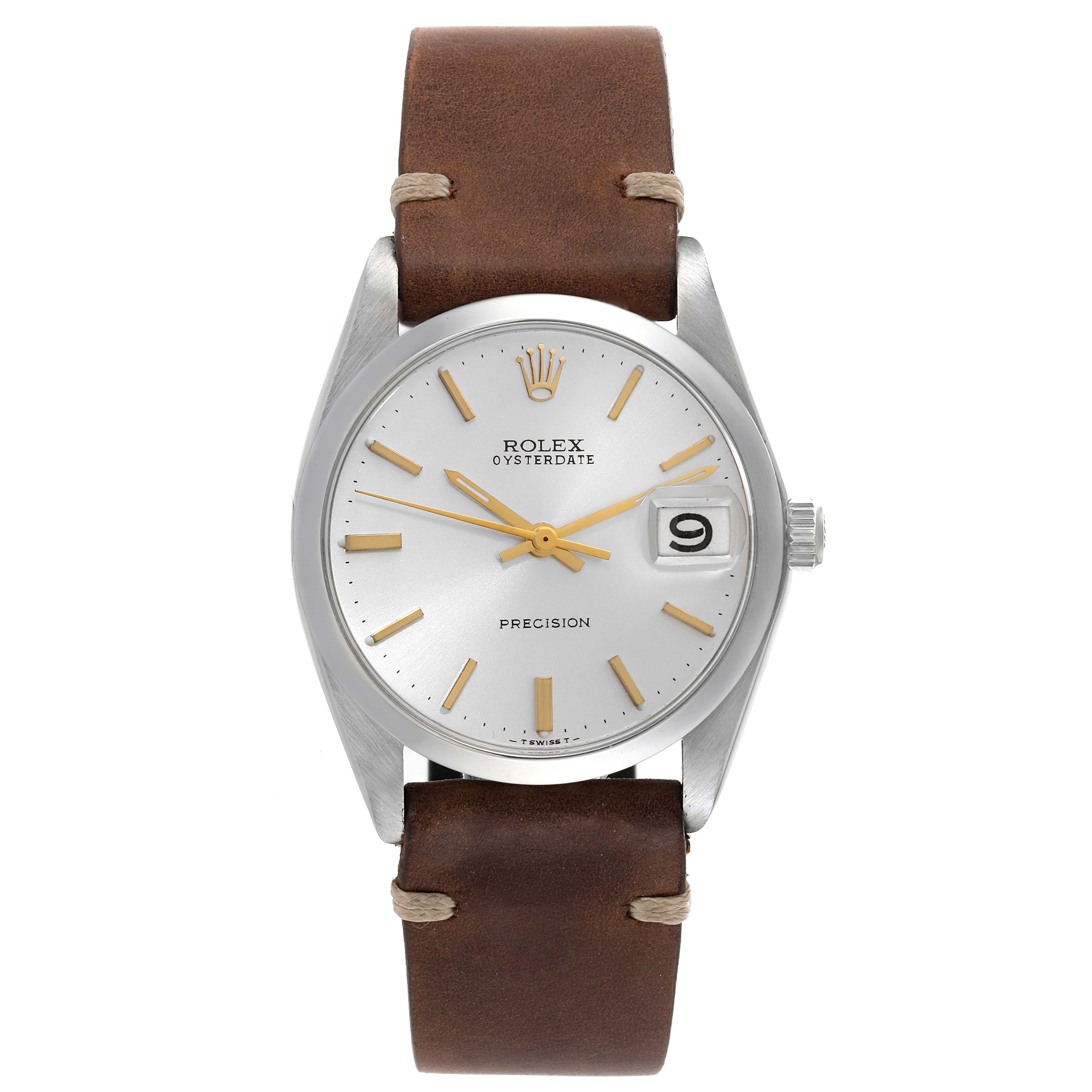 This image shows the front view of a Vintage Collection Rolex Oysterdate watch, featuring a leather strap and a date display.