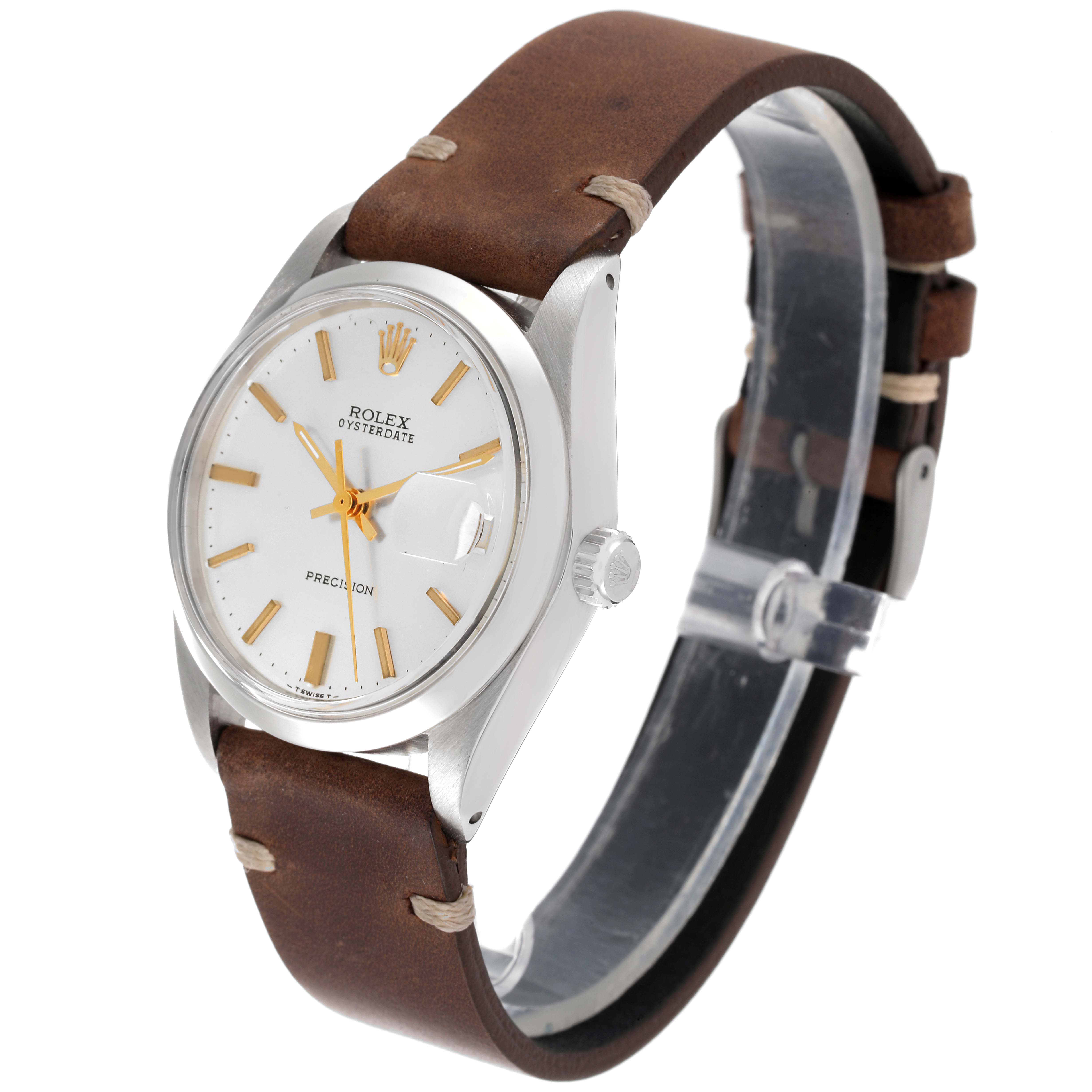 The Rolex Vintage Collection 6694 Men
s Stainless Steel Silver Dial 6694 Men
s Stainless Steel Silver Dial watch is shown at a slight angle, highlighting the face, bezel, case, crown, and leather strap.