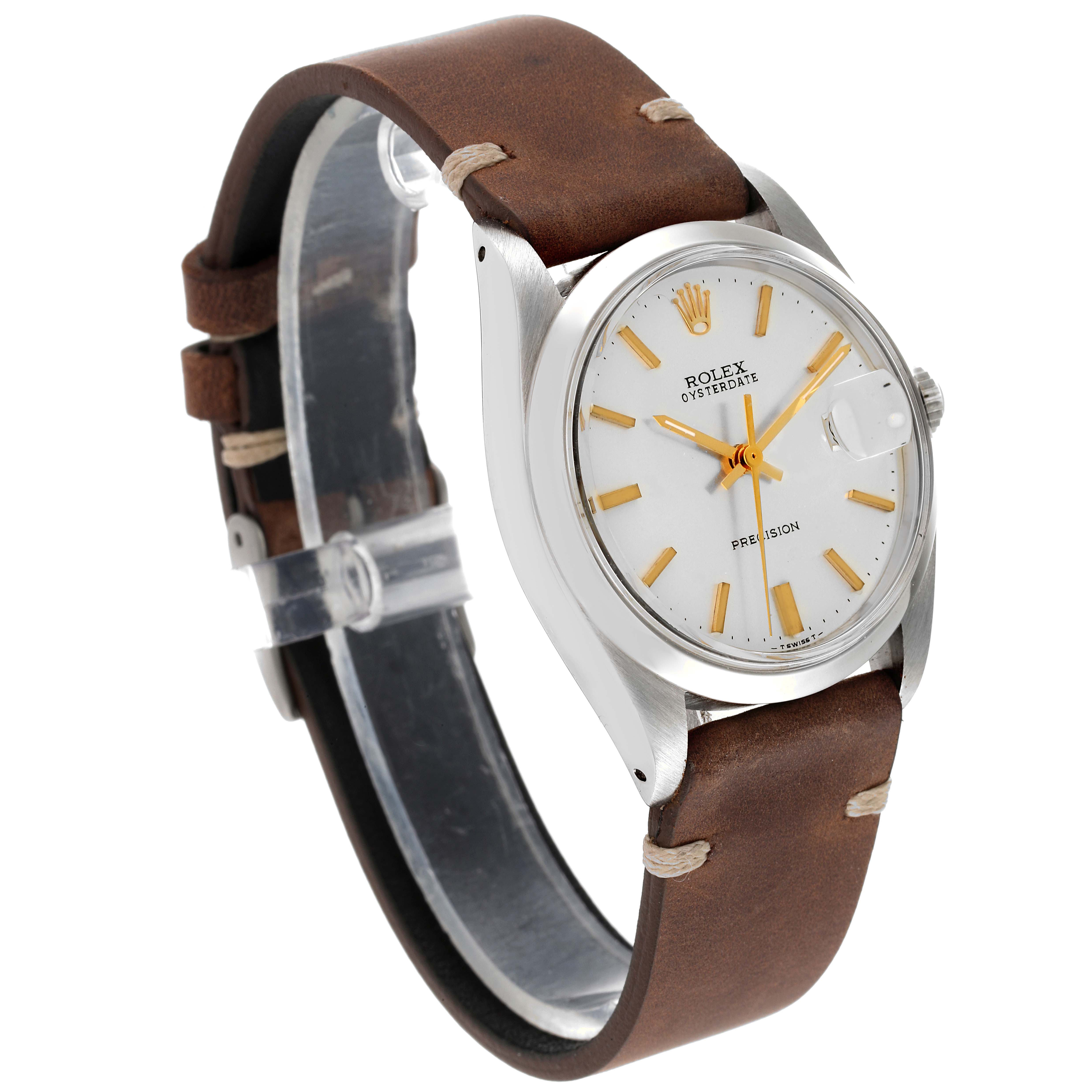 This Rolex Vintage Collection 6694 Men
s Stainless Steel Silver Dial 6694 Men
s Stainless Steel Silver Dial model watch is shown at a three-quarter angle, displaying the face, bezel, crown, and brown leather strap.