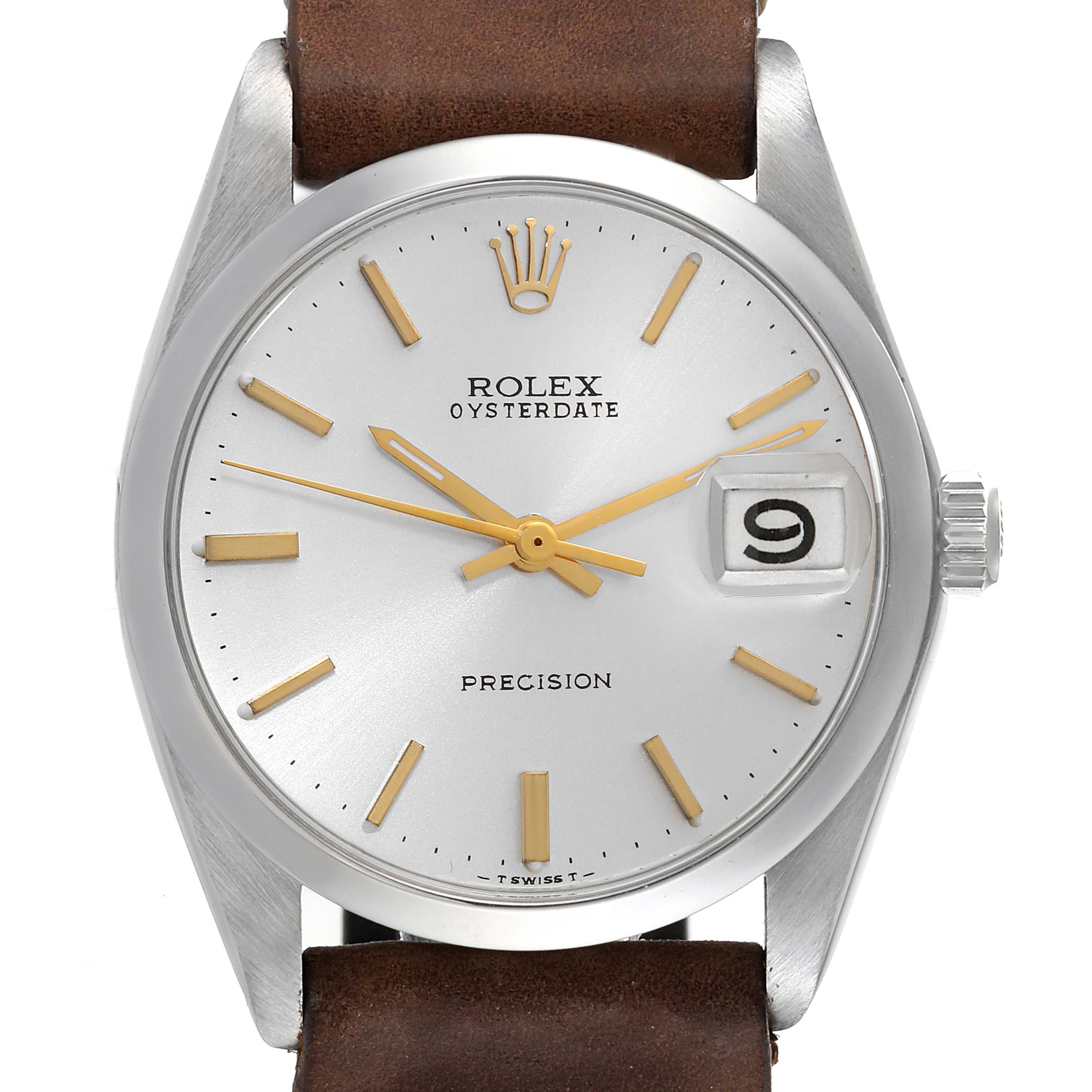 This Vintage Collection Rolex Oysterdate Precision model is shown from the front, displaying the dial, hands, date, and part of the leather strap.