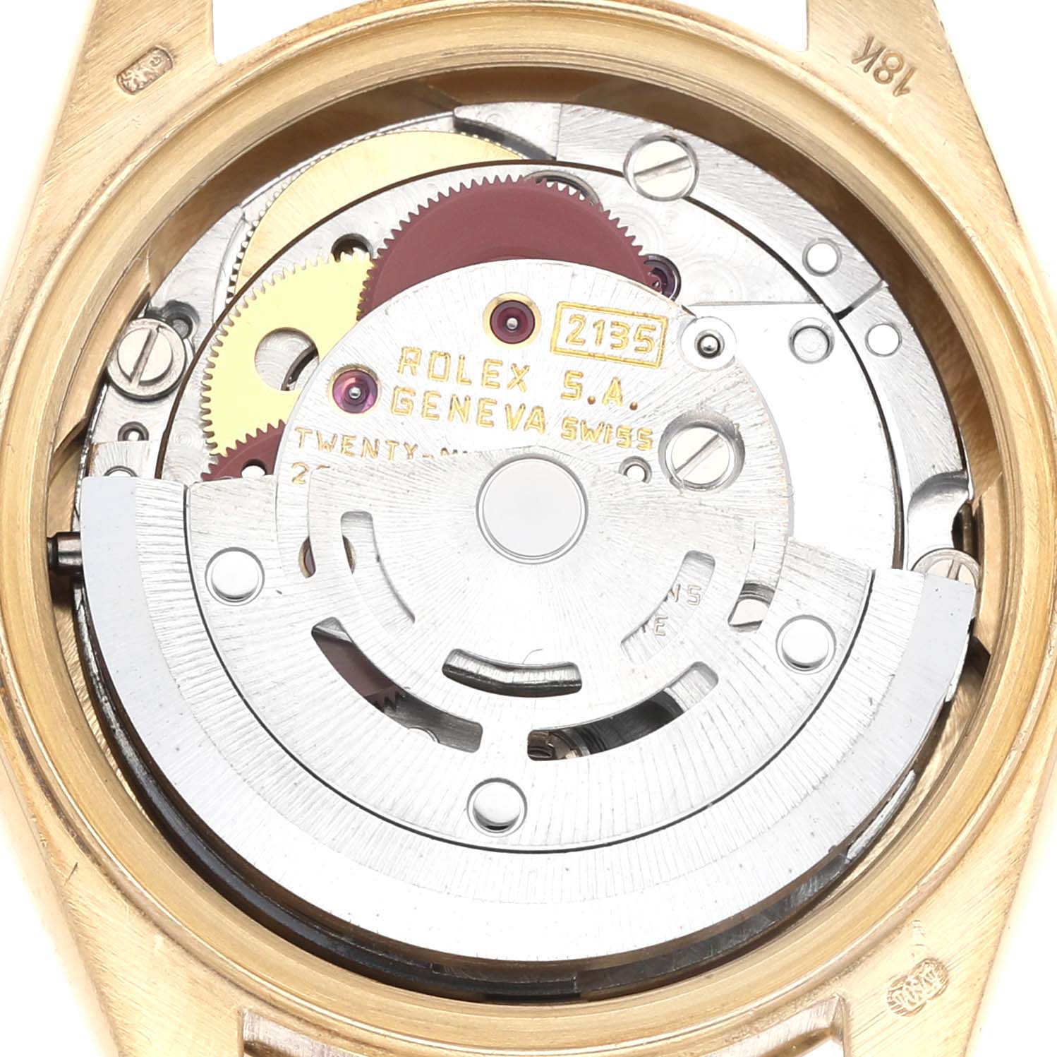 The image shows the movement mechanism of a Rolex President 69178 Women's Yellow Gold Champagne Dial model from a rear angle, highlighting gears and rotors.