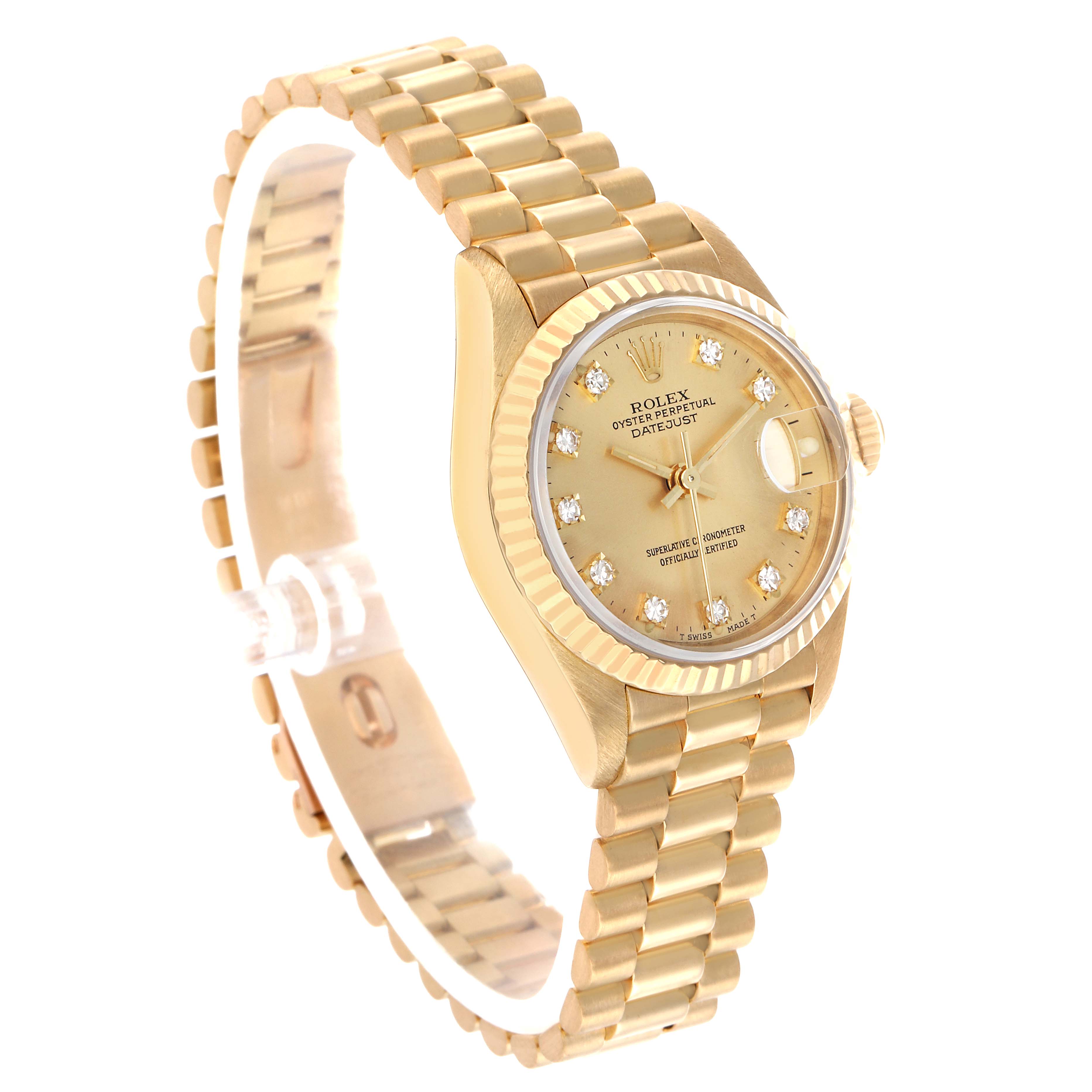 The Rolex President 69178 Women's Yellow Gold Champagne Dial model watch is shown at a three-quarter angle, highlighting the dial, bezel, and band.