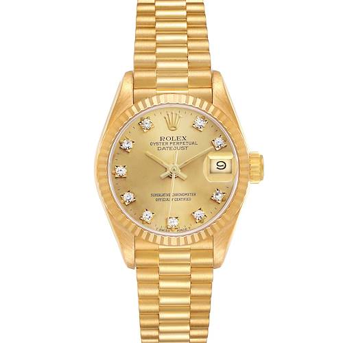 The Rolex President 69178 Women's Yellow Gold Champagne Dial model is shown from the front, displaying the dial, diamond hour markers, day window, and gold bracelet.