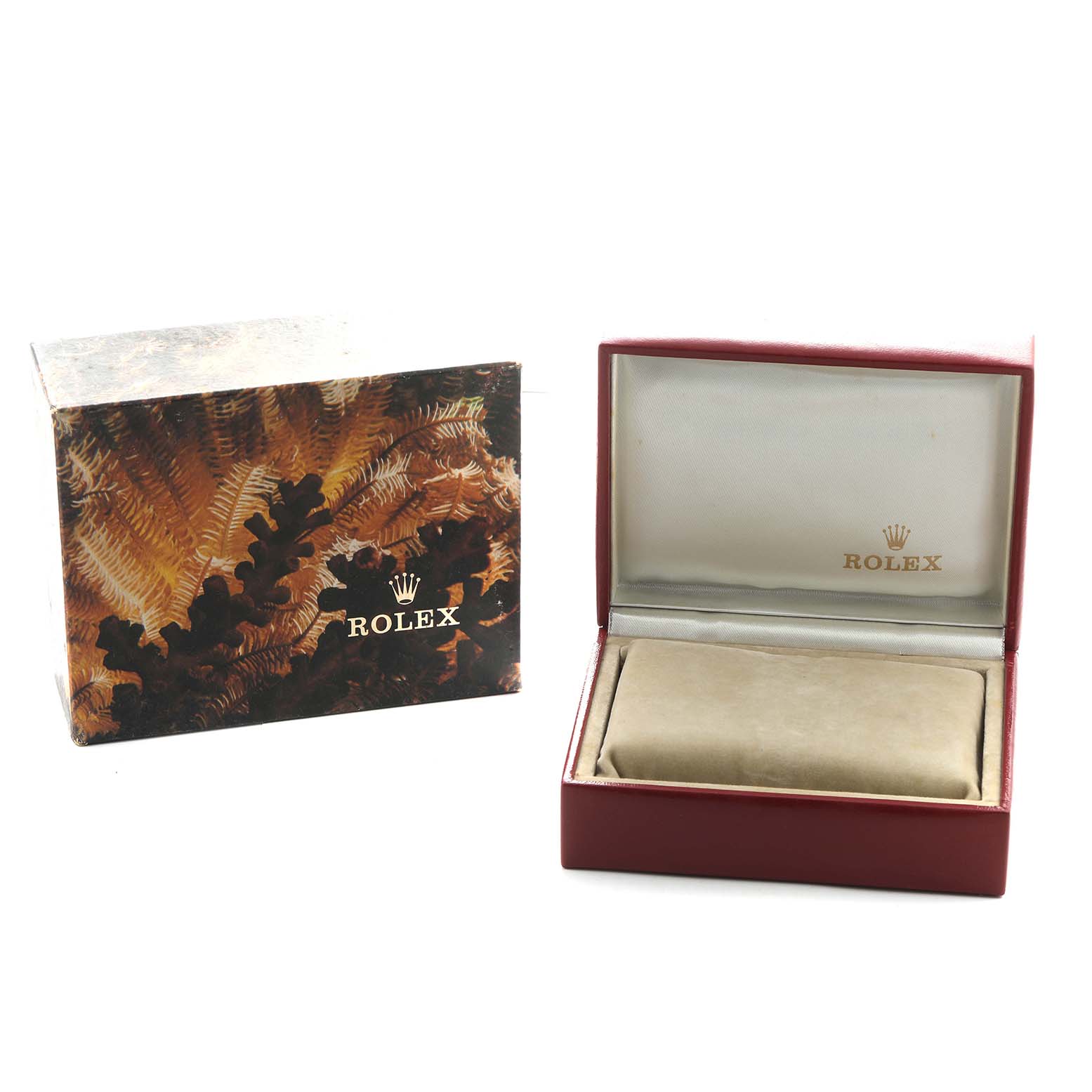 The image shows a Rolex President 69178 Women's Yellow Gold Champagne Dial model watch box, open to display the interior, alongside its decorative outer packaging.