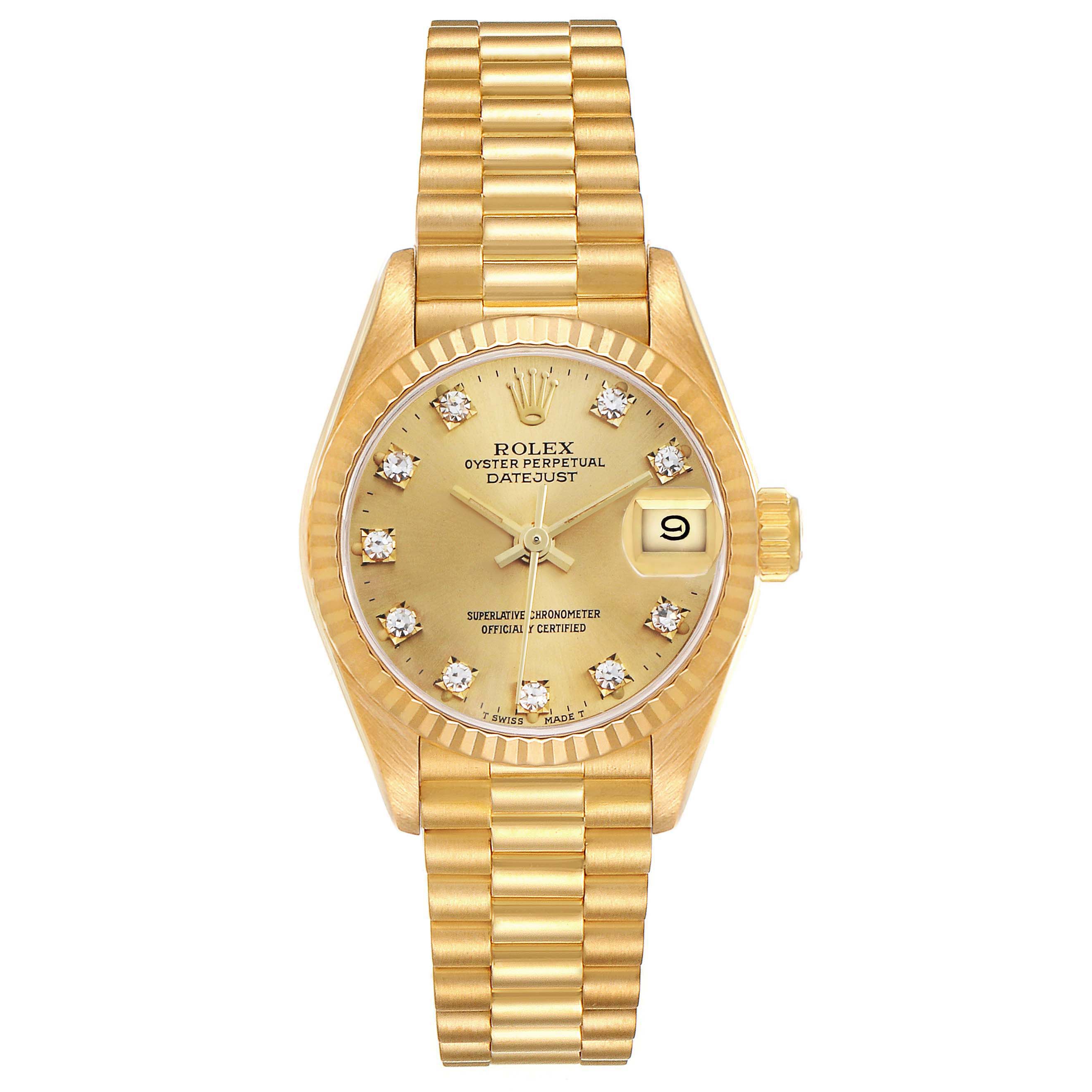 The Rolex President 69178 Women's Yellow Gold Champagne Dial model is shown from the front, displaying its gold dial, diamond hour markers, date window, and bracelet.