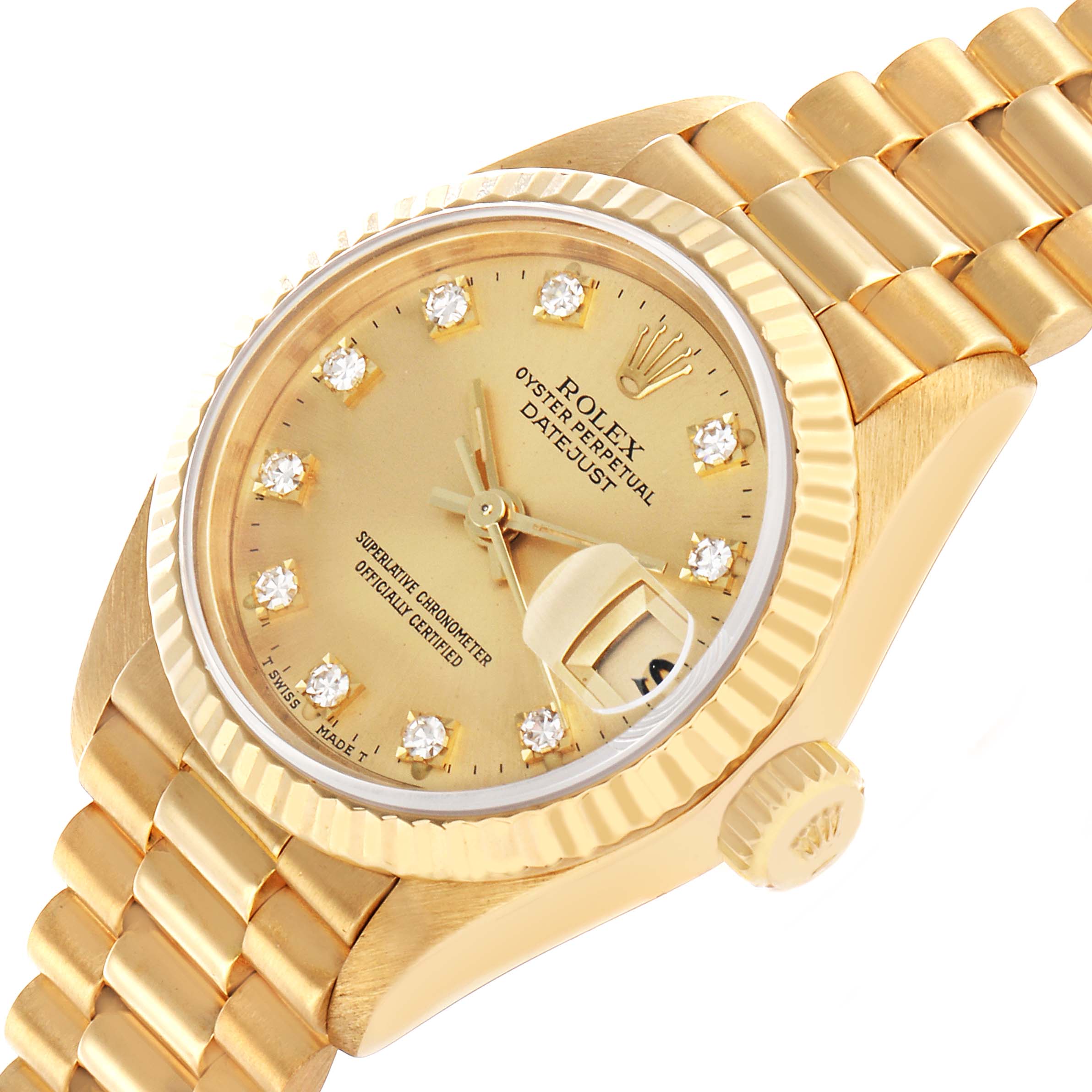 The Rolex President 69178 Women's Yellow Gold Champagne Dial model is shown at an angle highlighting the gold bracelet, fluted bezel, crown, and diamond-set dial.