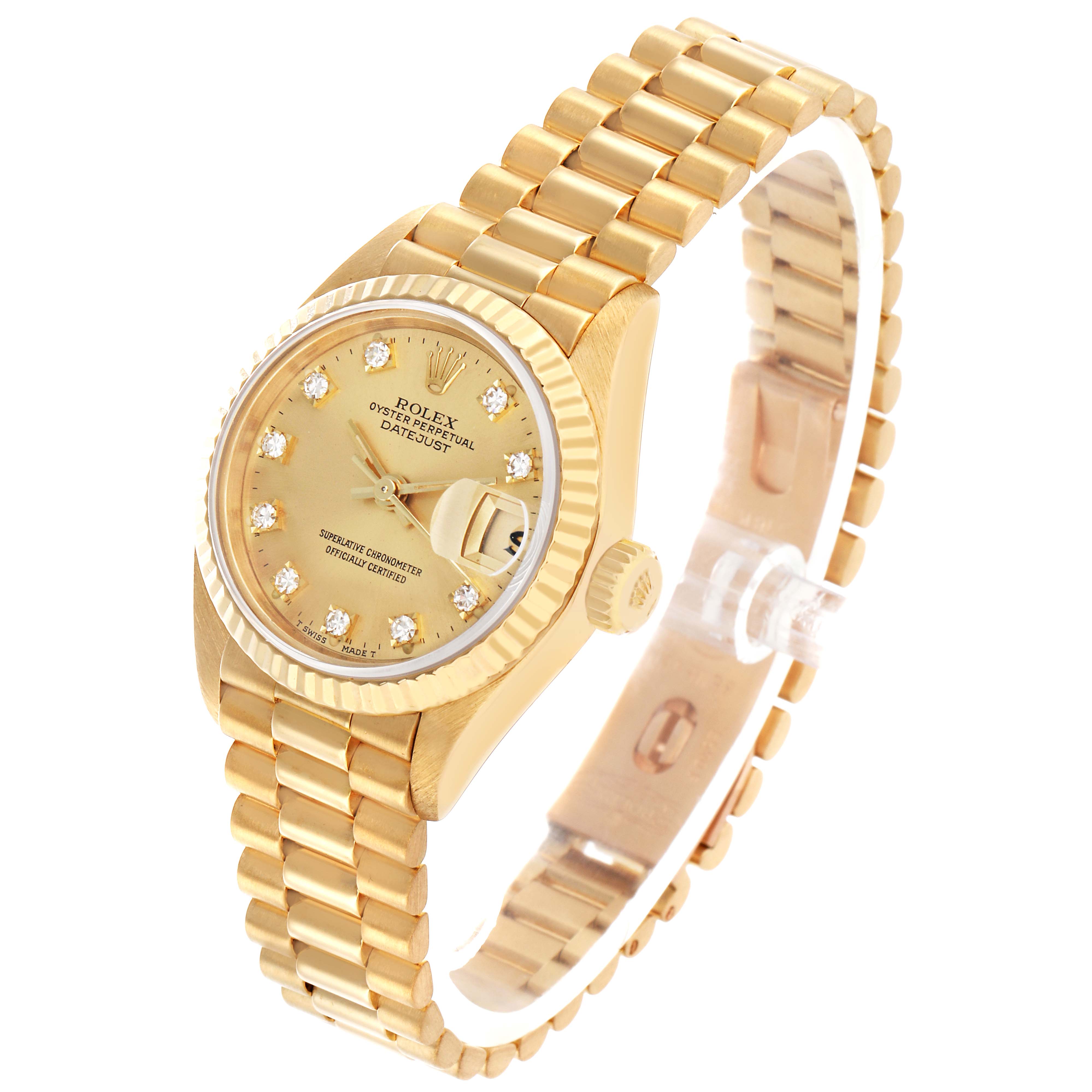 The Rolex President 69178 Women's Yellow Gold Champagne Dial model watch is shown at a slight angle, displaying the face, bezel, bracelet, and crown.