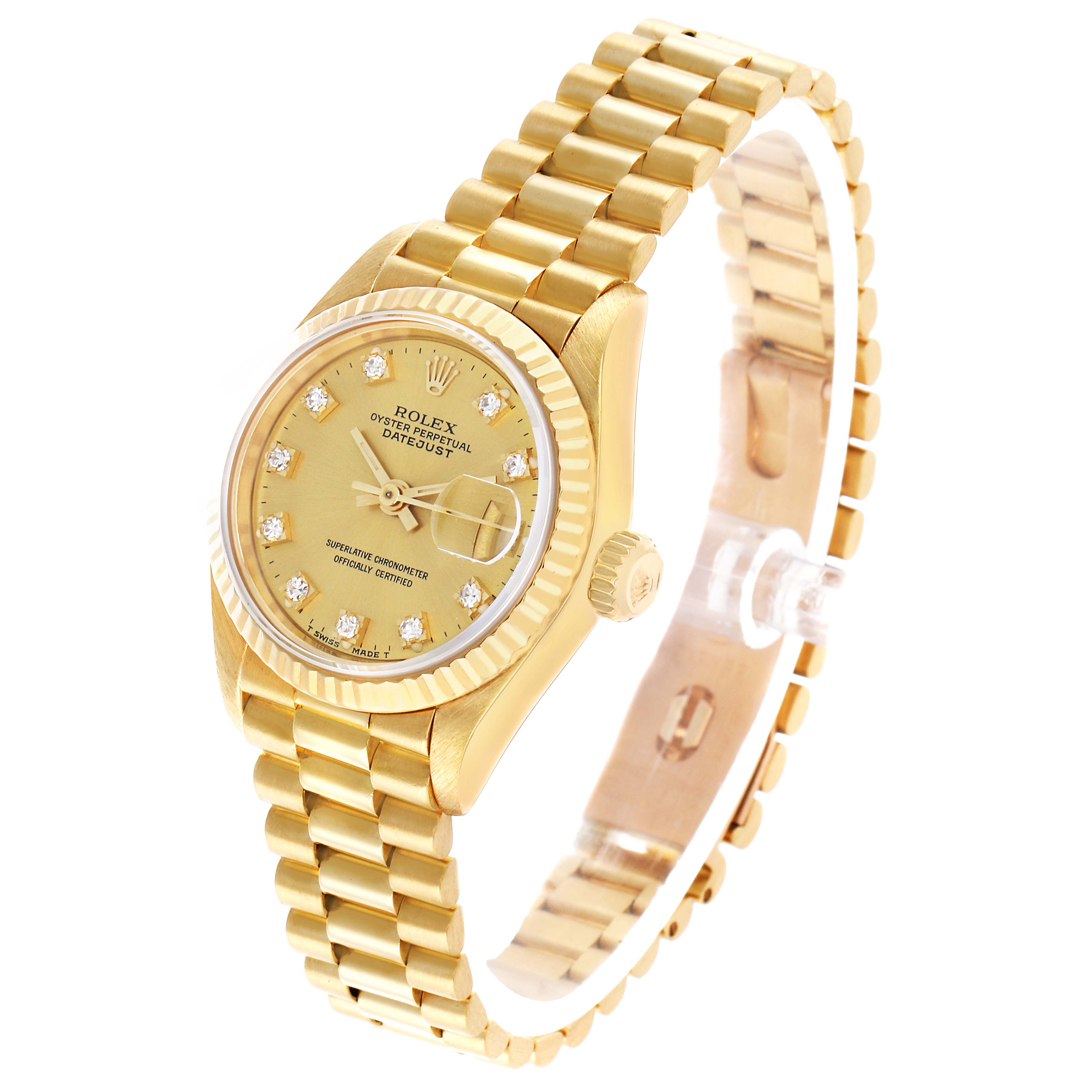The Rolex President 69178 Women's Yellow Gold Champagne Dial model watch is shown at a slight angle, displaying its dial, bezel, crown, and bracelet.