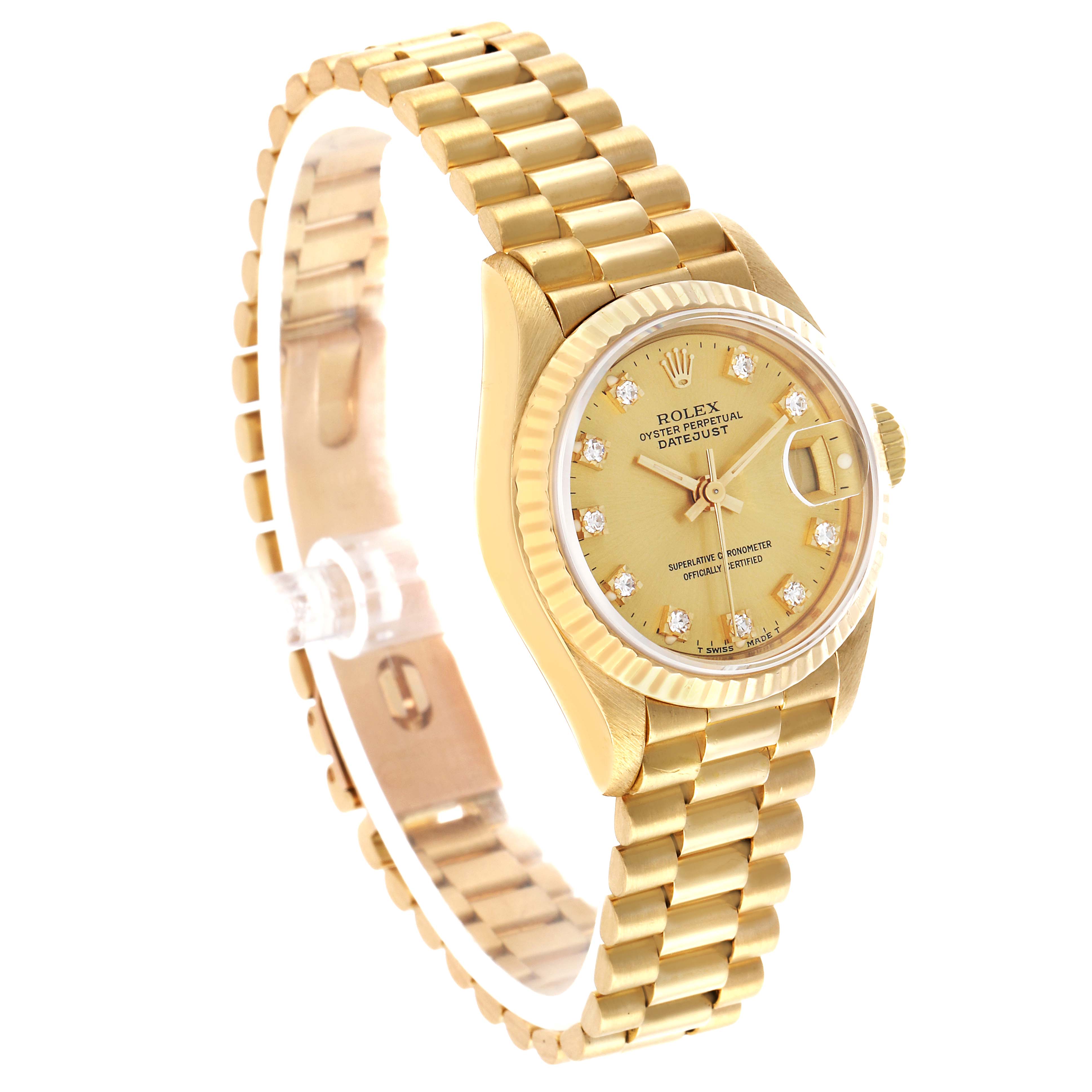 The Rolex President 69178 Women's Yellow Gold Champagne Dial watch is shown at a three-quarter angle, displaying the bracelet, dial, and fluted bezel.