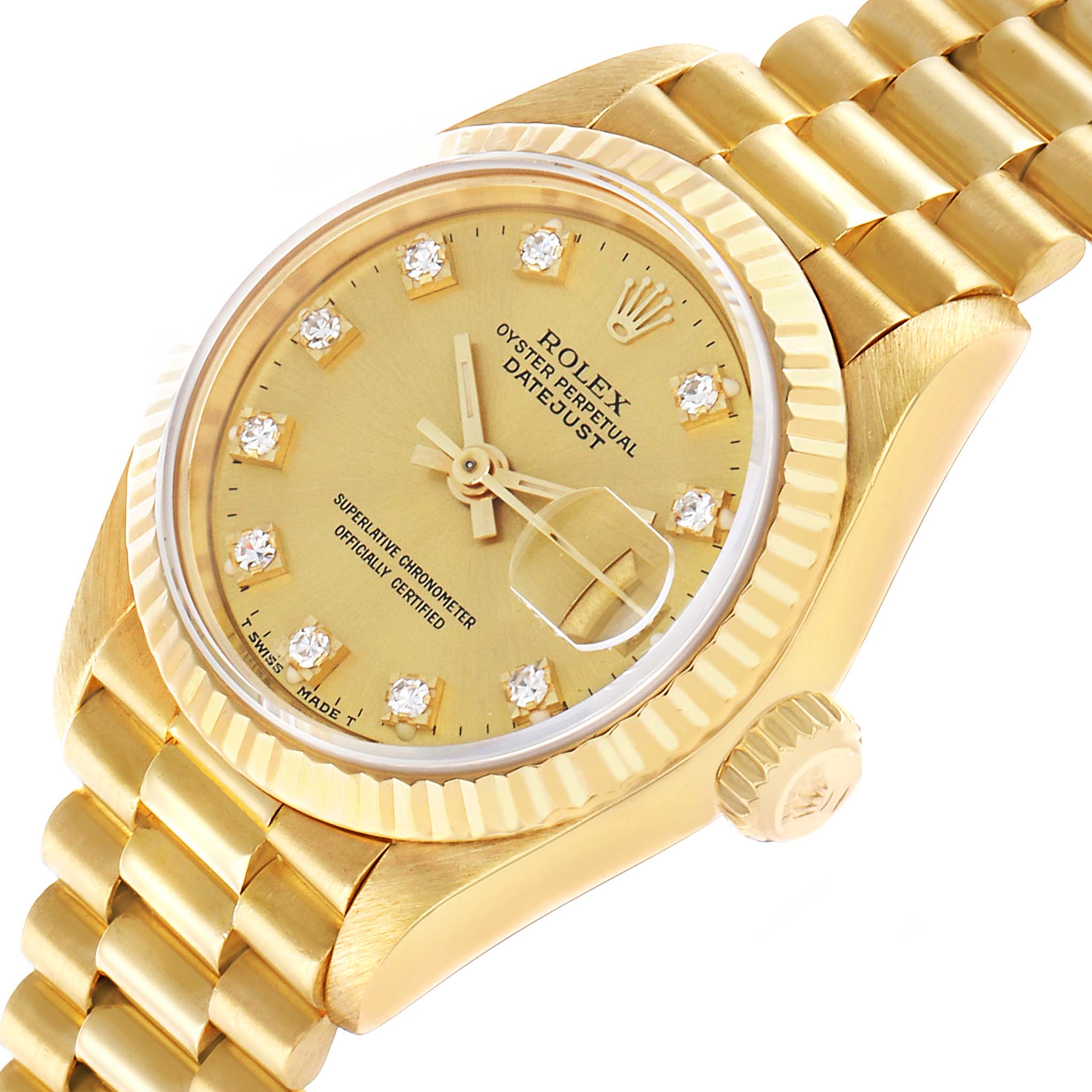 The Rolex President 69178 Women's Yellow Gold Champagne Dial model watch is shown at an angled view, displaying the gold bracelet, bezel, and diamond markers on the dial.