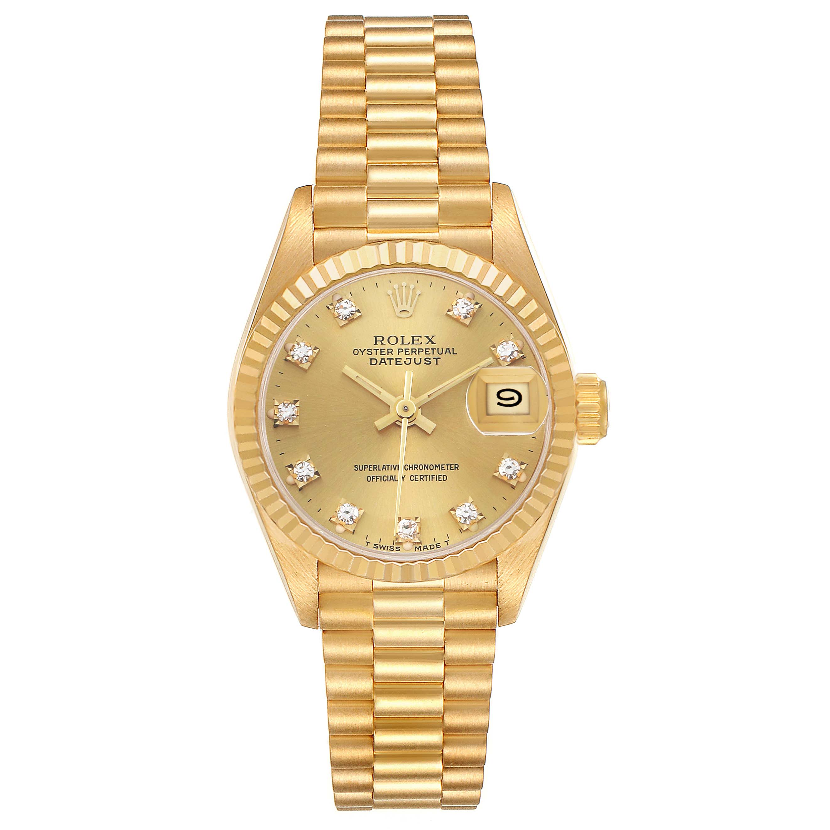The Rolex President 69178 Women's Yellow Gold Champagne Dial watch is shown from a top view, featuring its gold bracelet and diamond hour markers.