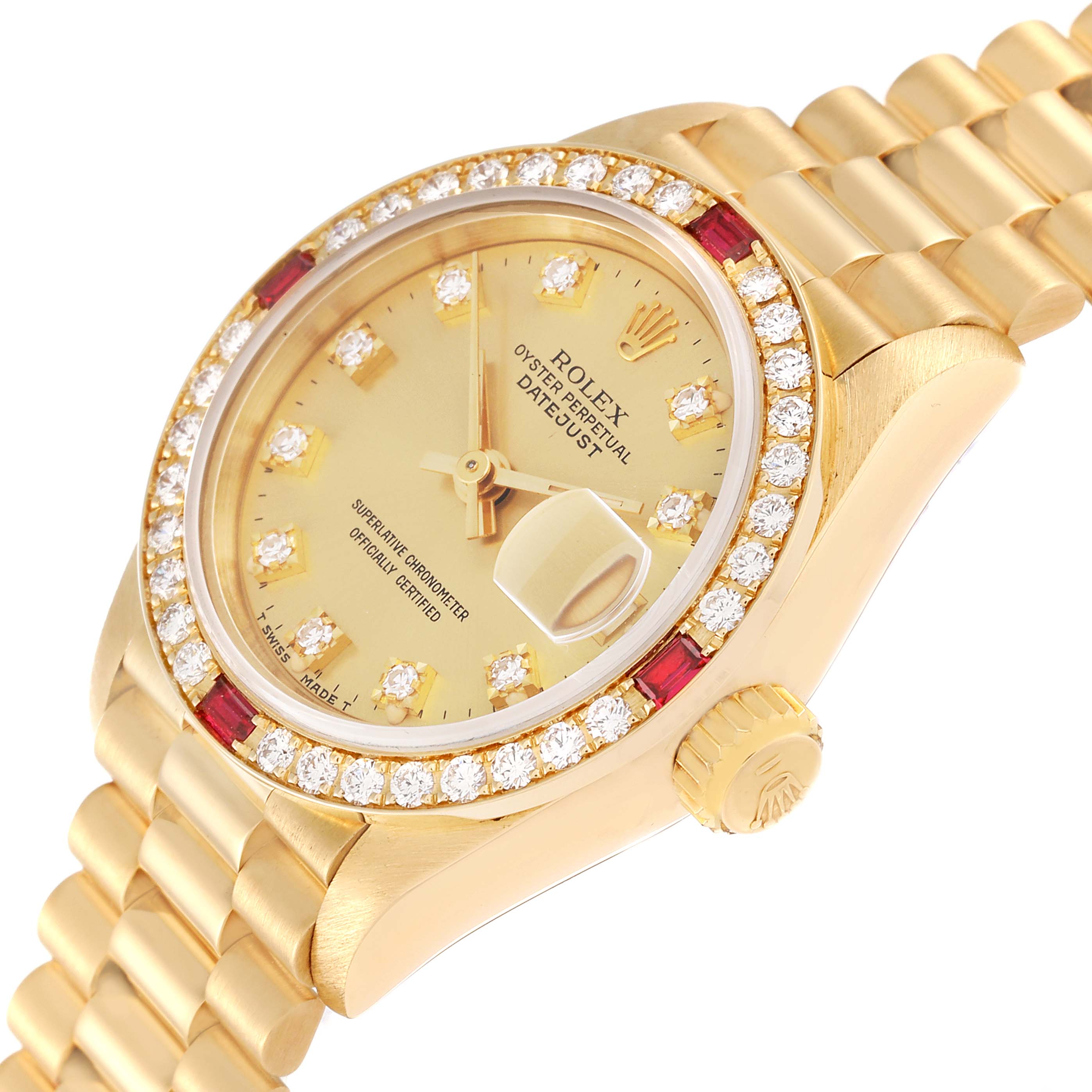 The image shows a gold Rolex President 69068 Women's Yellow Gold Champagne Dial 69068 Women's Yellow Gold Champagne Dial model watch from the side angle, highlighting its diamond bezel, bracelet, and crown.