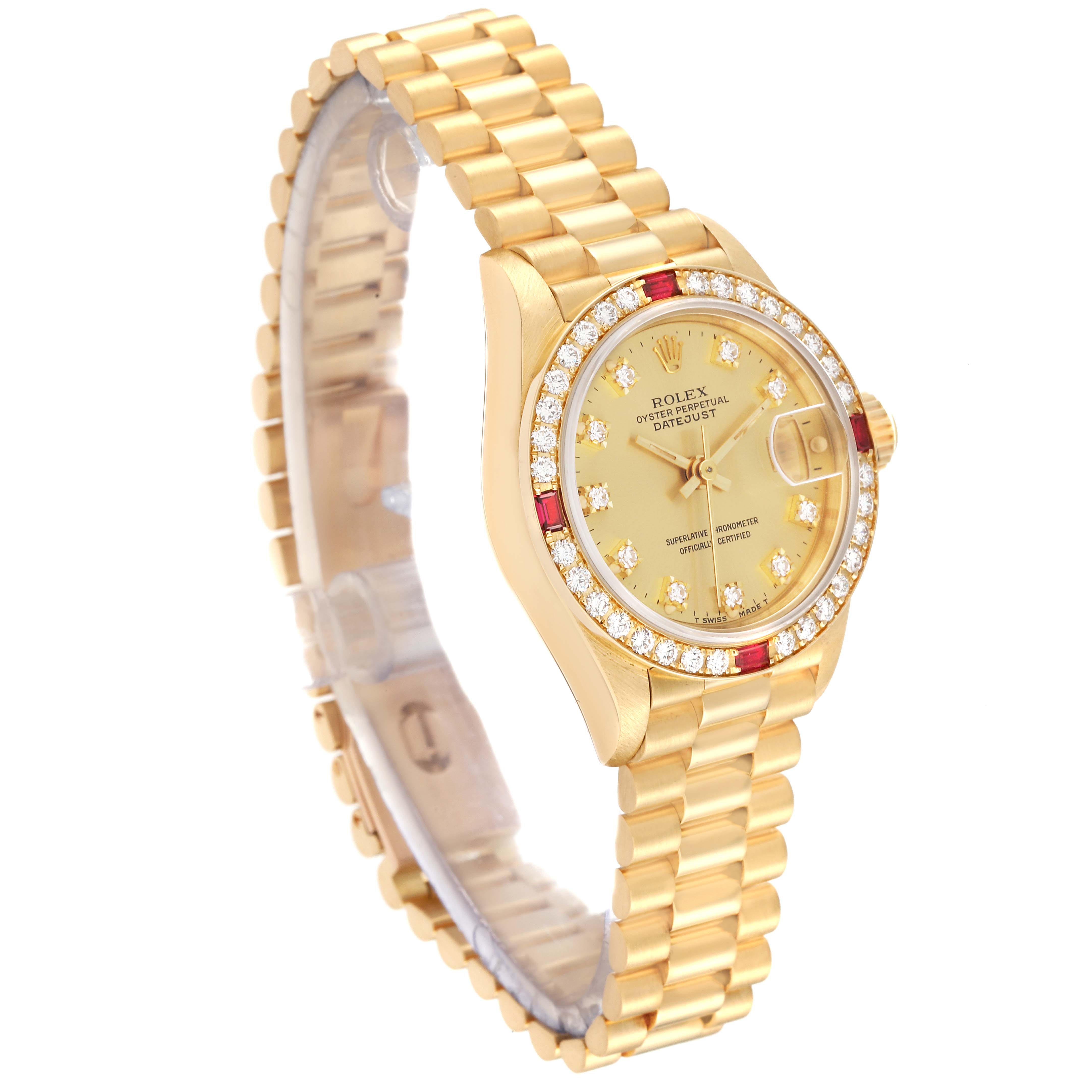 This image shows a side angle of a gold Rolex President 69068 Women's Yellow Gold Champagne Dial 69068 Women's Yellow Gold Champagne Dial model watch, highlighting its band, face, and bezel adorned with diamonds.