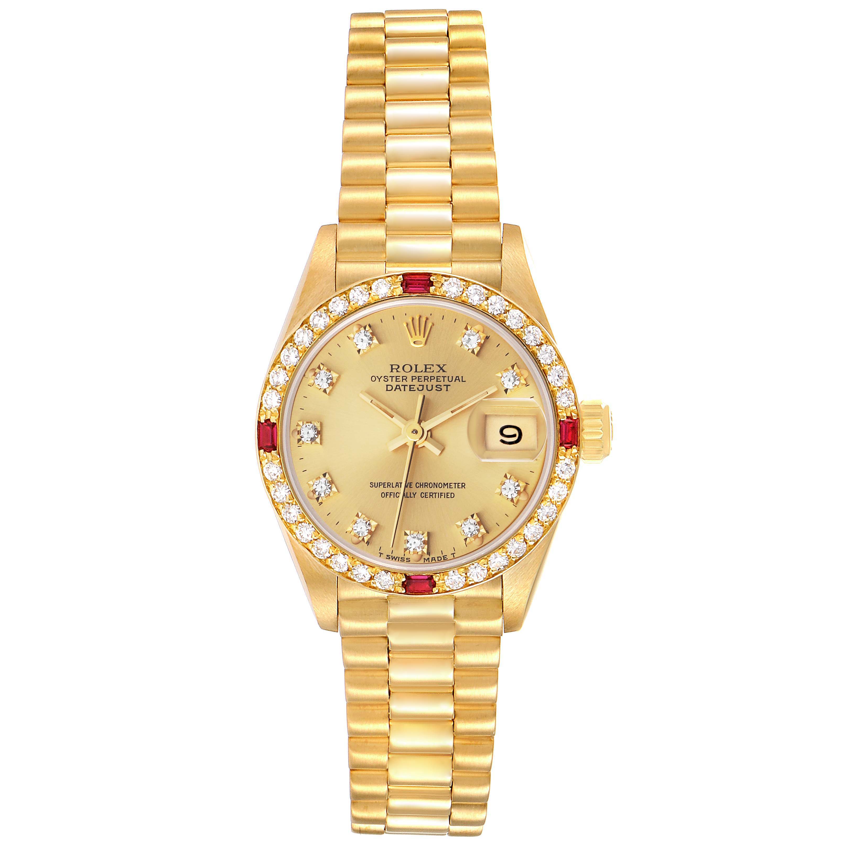 The image shows a front view of the Rolex President 69068 Women's Yellow Gold Champagne Dial 69068 Women's Yellow Gold Champagne Dial model watch, highlighting its dial, bezel, and bracelet.
