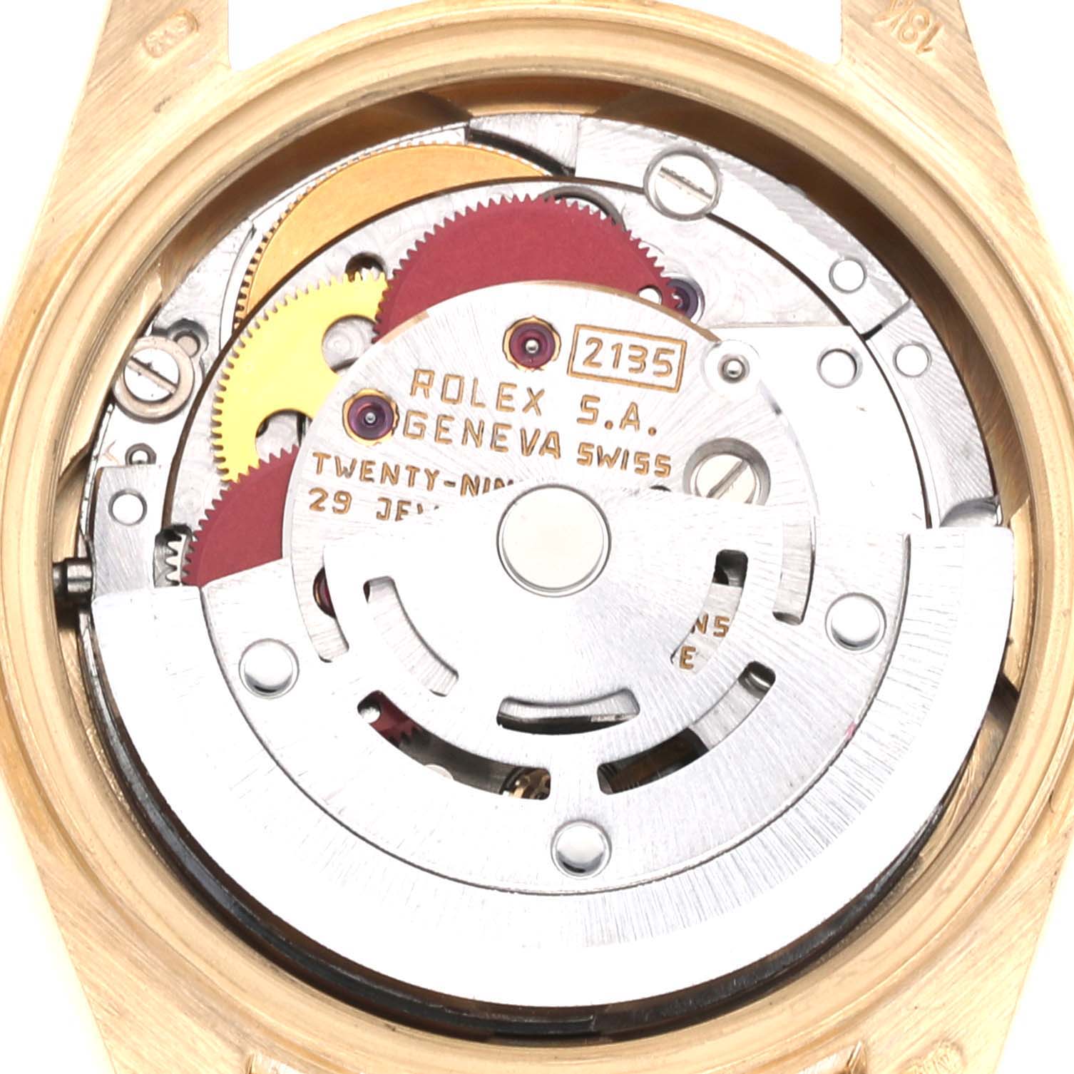 This image shows the internal mechanism of the Rolex President 69068 Women's Yellow Gold Champagne Dial 69068 Women's Yellow Gold Champagne Dial model watch, highlighting its gears and movement components.