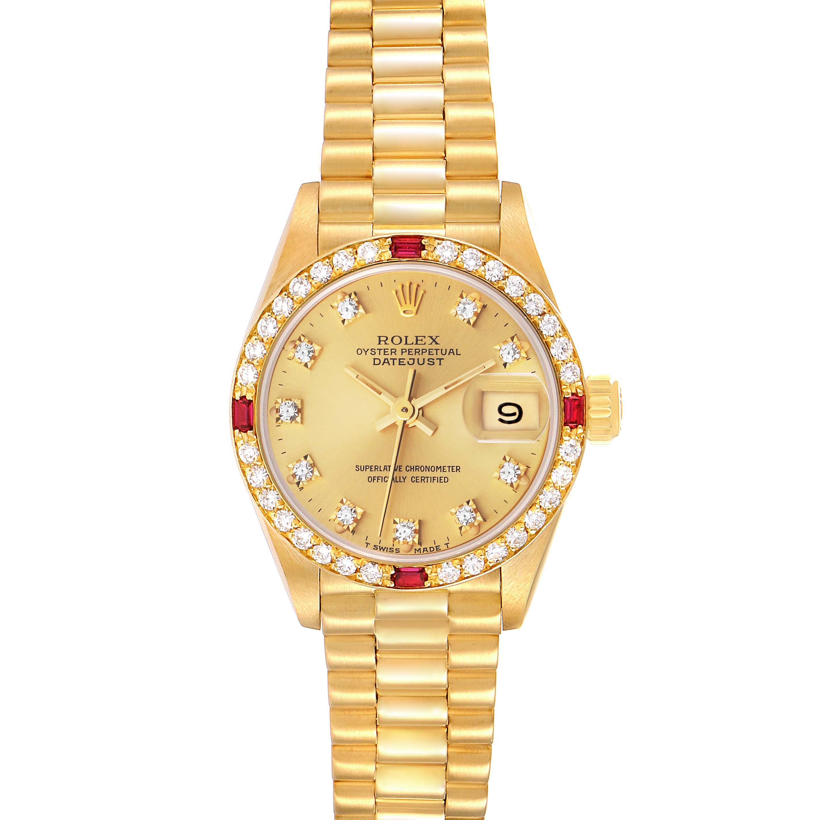This is a front view of the Rolex President 69068 Women's Yellow Gold Champagne Dial 69068 Women's Yellow Gold Champagne Dial model watch, showing the dial, bezel, and bracelet.