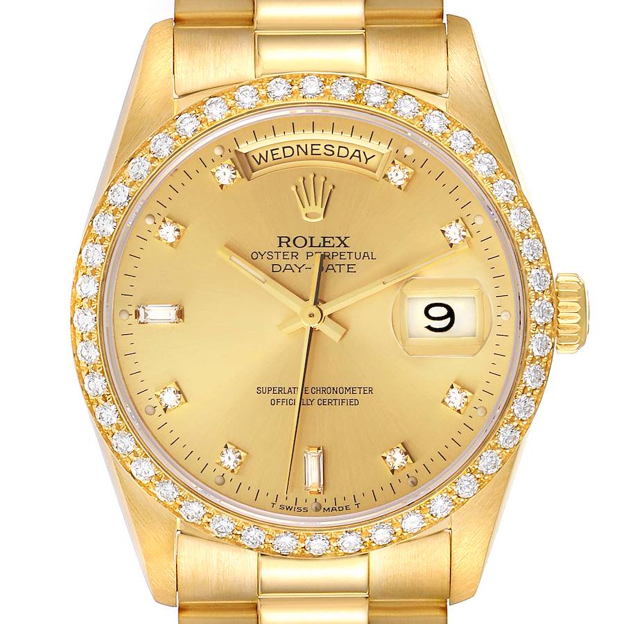 The Rolex President model is shown from a front angle, highlighting the dial, bezel, day, and date features.